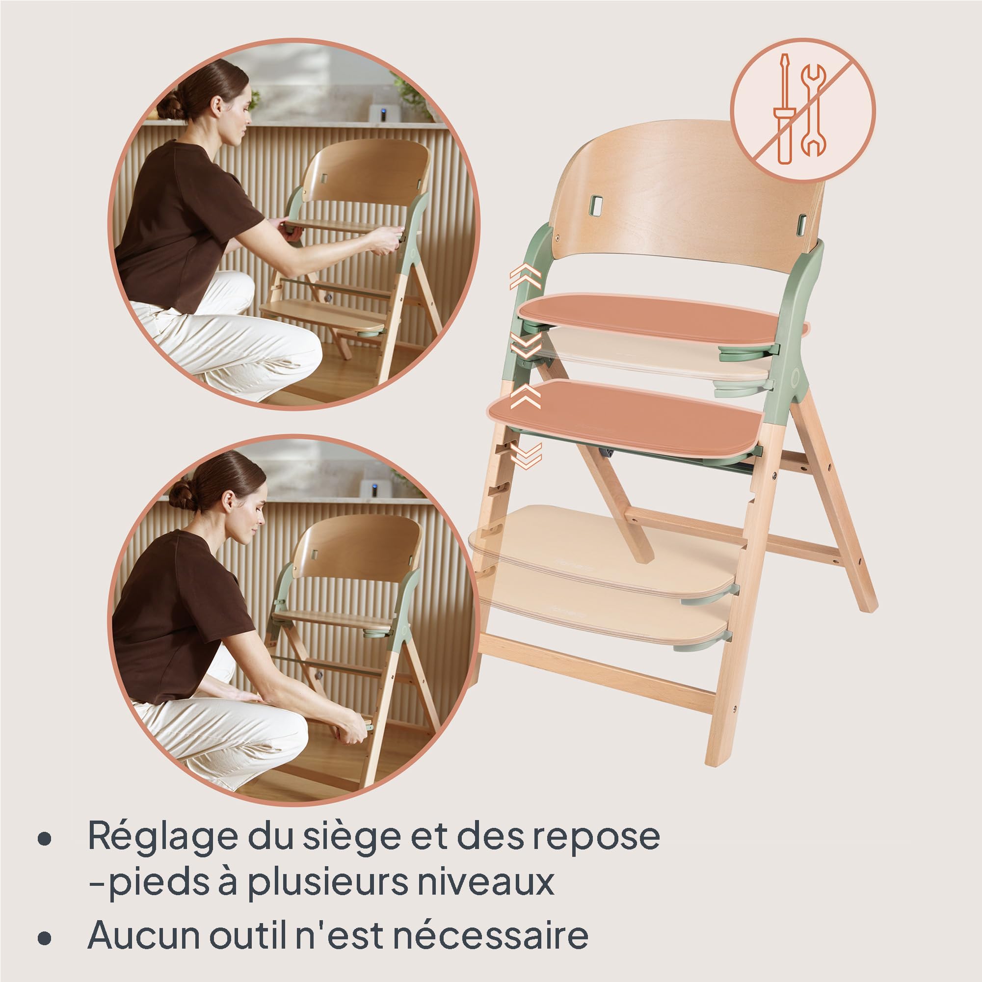 LIONELO Megan – Trona evolutiva de madera para bebé, crece con el niño desde 6 meses hasta 110 kg, reposapiés regulable, arnés 5 puntos, cojín lavable, fácil de limpiar