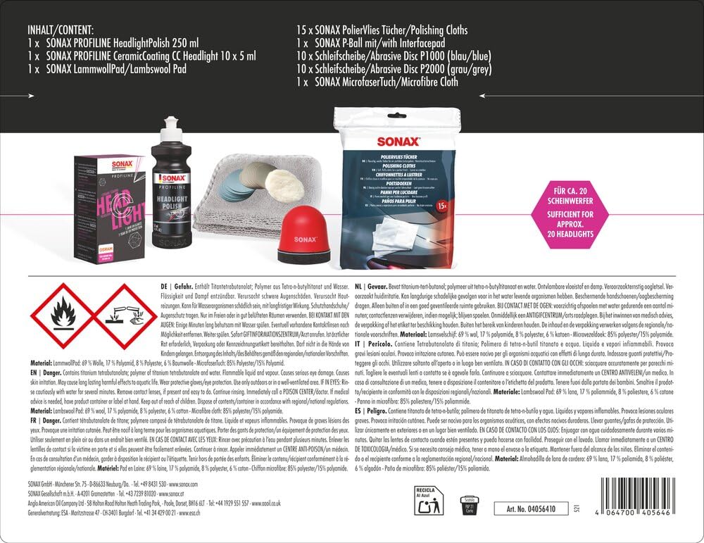 SONAX PROFILINE ScheinwerferAufbereitungsSet (1 Set) zur Aufbereitung von altersbedingt vergilbten und vermatteten Scheinwerfern aus Kunststoff | Art-Nr. 04056410