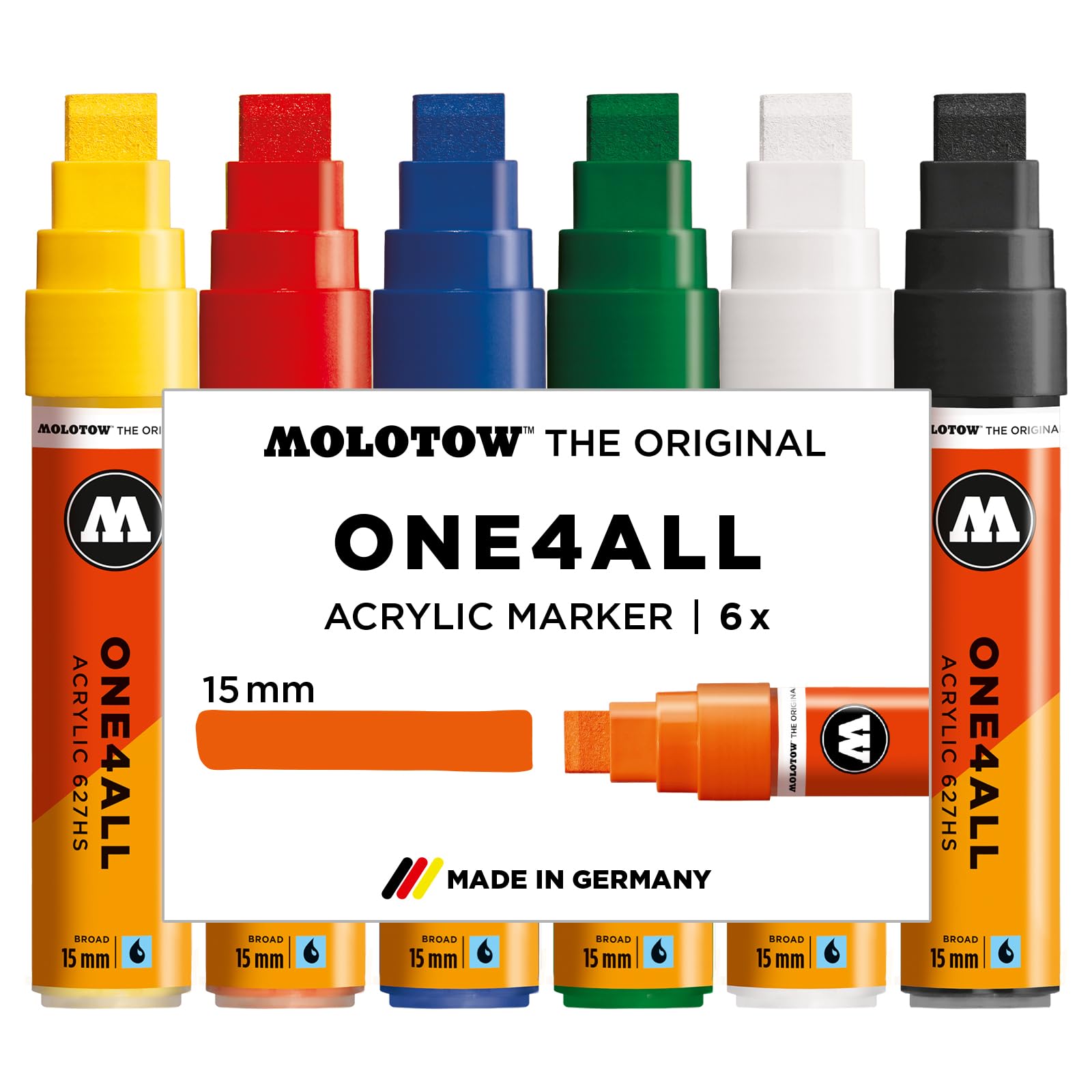Molotow One4All 627HS Basic Lot de 6 marqueurs acryliques (épaisseur de trait 15,0 mm, fort couvrant et permanent, séchage rapide, rechargeables, pour presque toutes les surfaces)