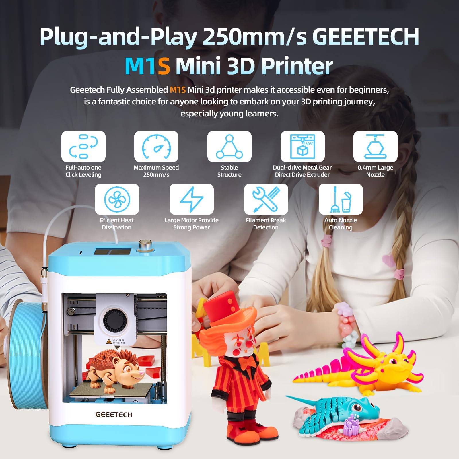 GEEETECH M1S 3D-Drucker mit Wi-Fi, mit intelligenter Steuerung, 3D Drucker für Anfänger, Doppelantrieb Direktantrieb-Extruder-3D-Drucker 250 mm/s für 3D Printer mit Farbbildschirm M1 Blau