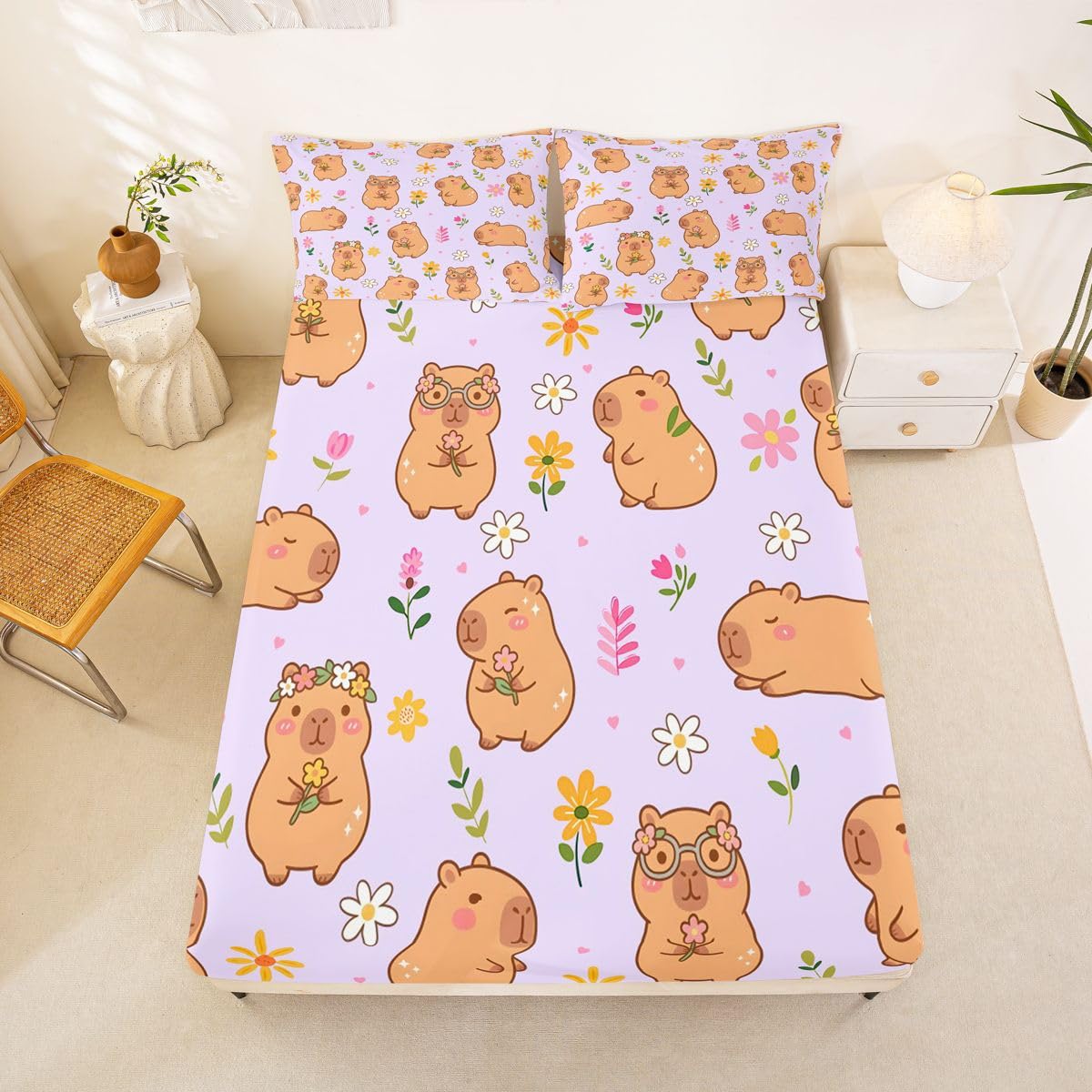 Homewish uroczy capybara zestaw pościeli podwójna kreskówka kapibara prześcieradła kolorowy kwiatowy zestaw prześcieradeł - kawaii gryzonie zwierzę dopasowane górne prześcieradła 4 sztuki fioletowy