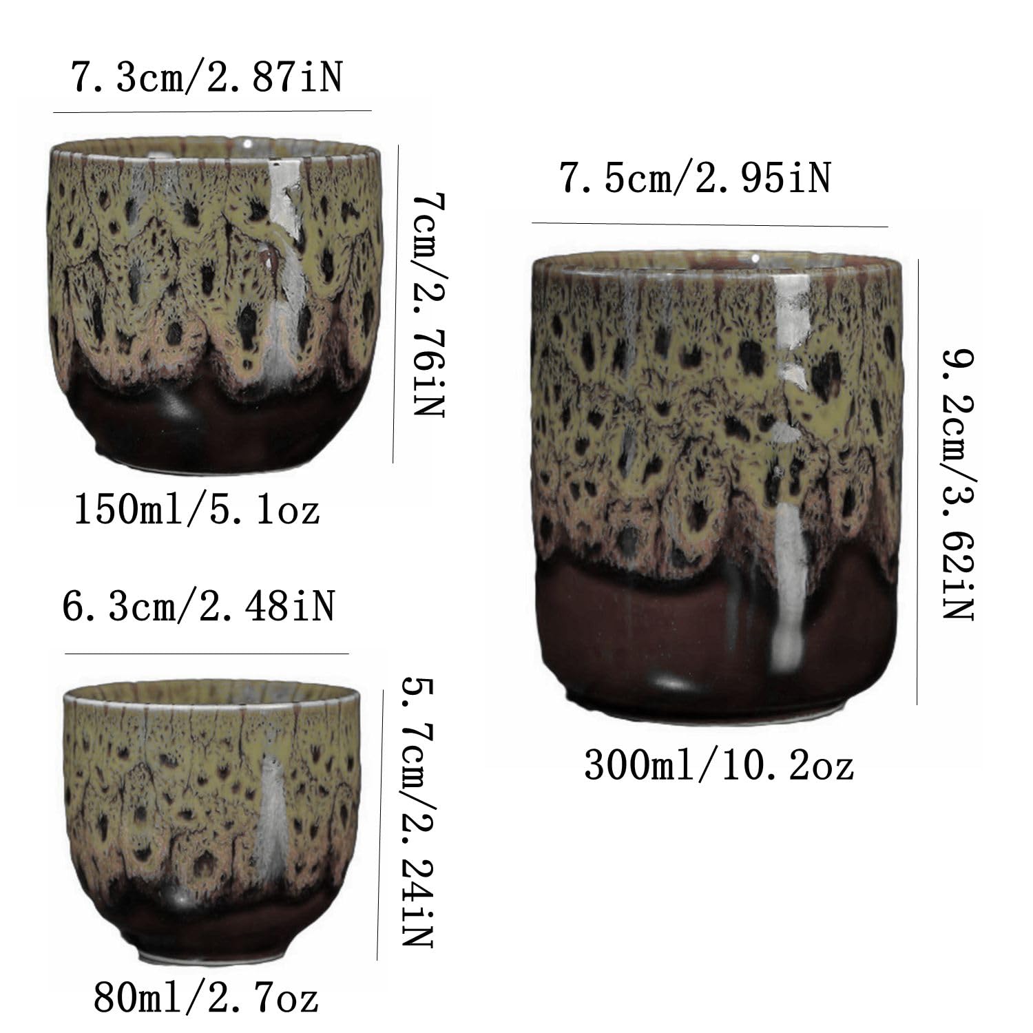 3 sztuki ceramicznych filiżanek do herbaty, szkliwionych, zmieniających kolor w piecu, chińskich japońskich filiżanek do herbaty, zestaw 3 filiżanek do herbaty Gong Fu do biura, domu i dla miłośnikó