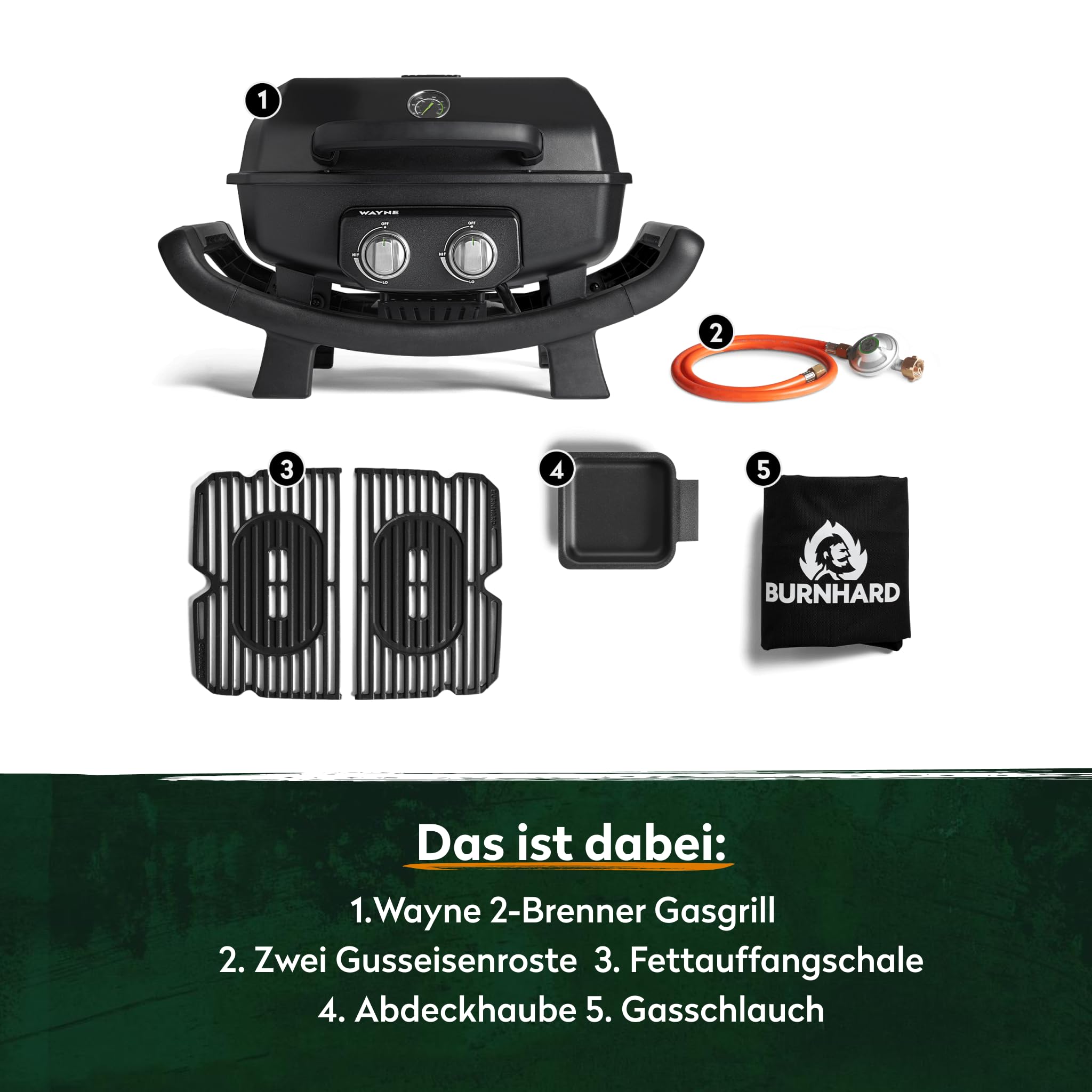 BURNHARD WAYNE 2-Brenner Gasgrill 4,4 kW mit Gusseisen Grillrost Ansicht 8
