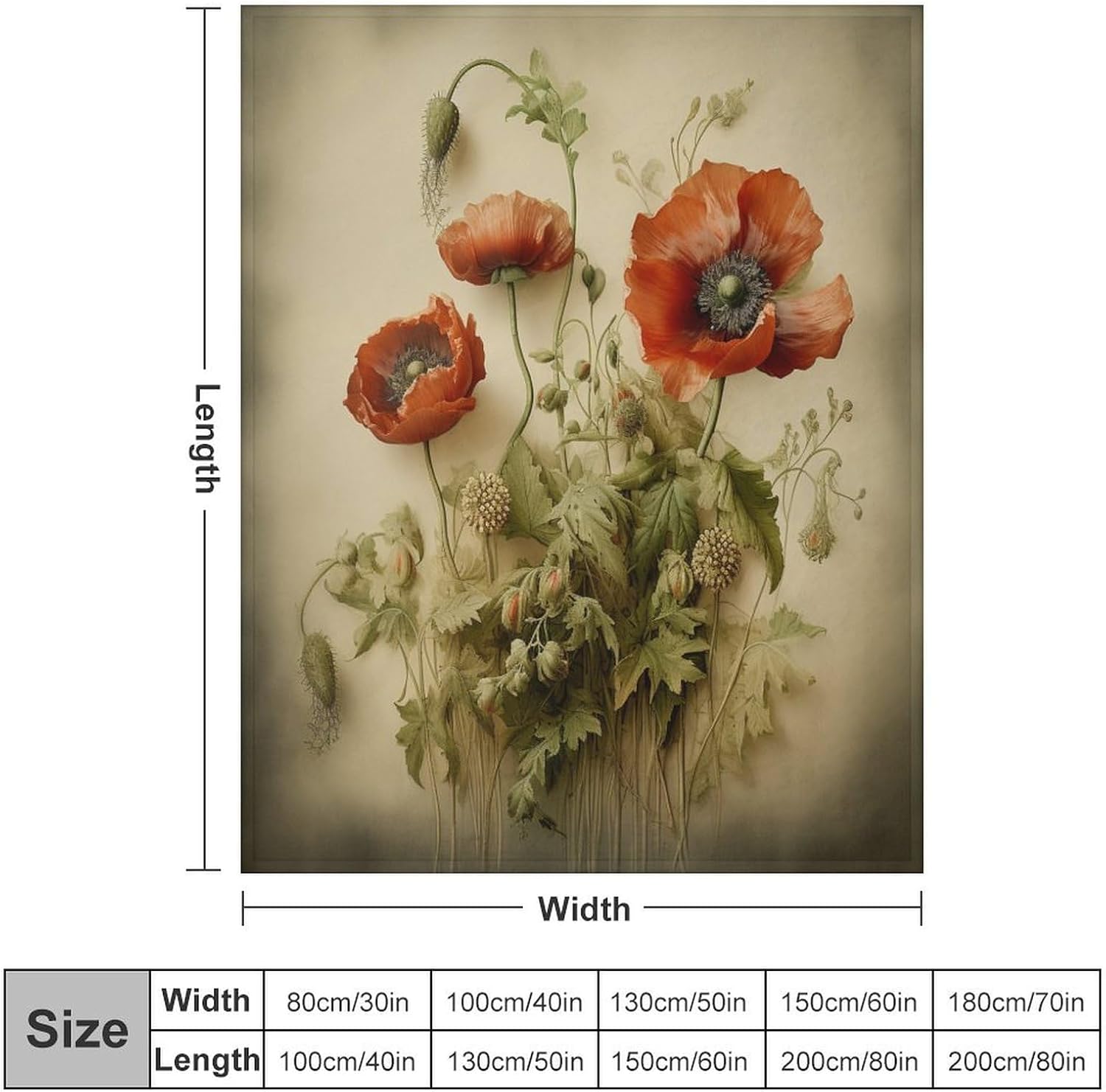 Blanket Green Flowers and Red Poppies Throw Blanket Poppy Flower Warm Cozy Lightweight Blanket for Couch Bed Sofa Gift for Valentine Mother Father Couple 50"x60"