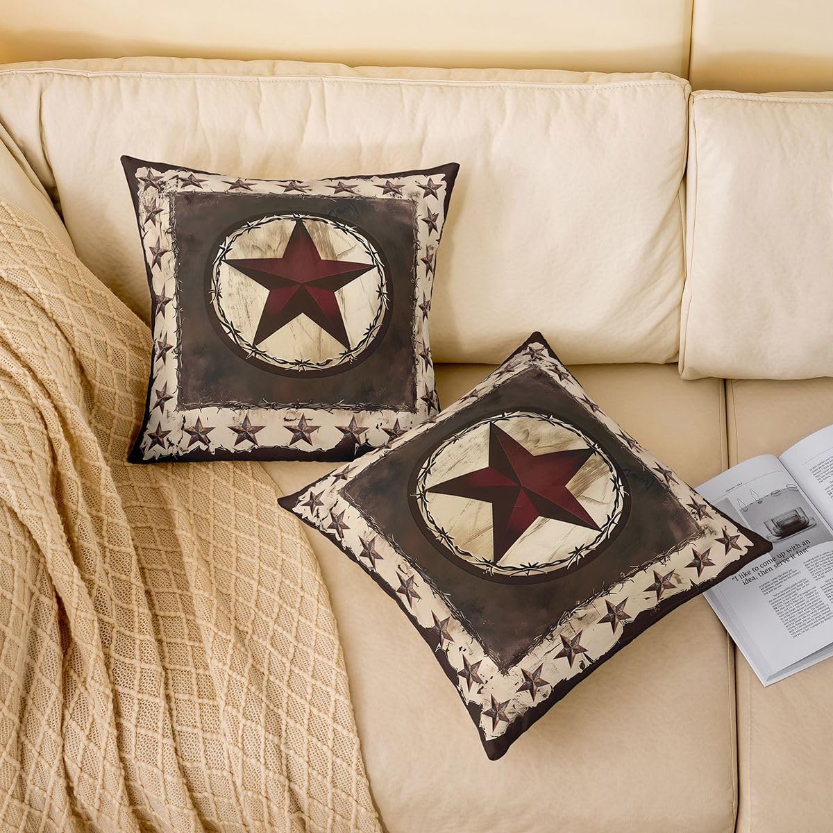 Homewish Vintage Red Star Pillow Cover Southwest Cowboy Style Cushion Case for Kids Teens Adults Retro Plaid Stars Decor Cushion Cover for Chairs Couch 18x18 Inch image 2