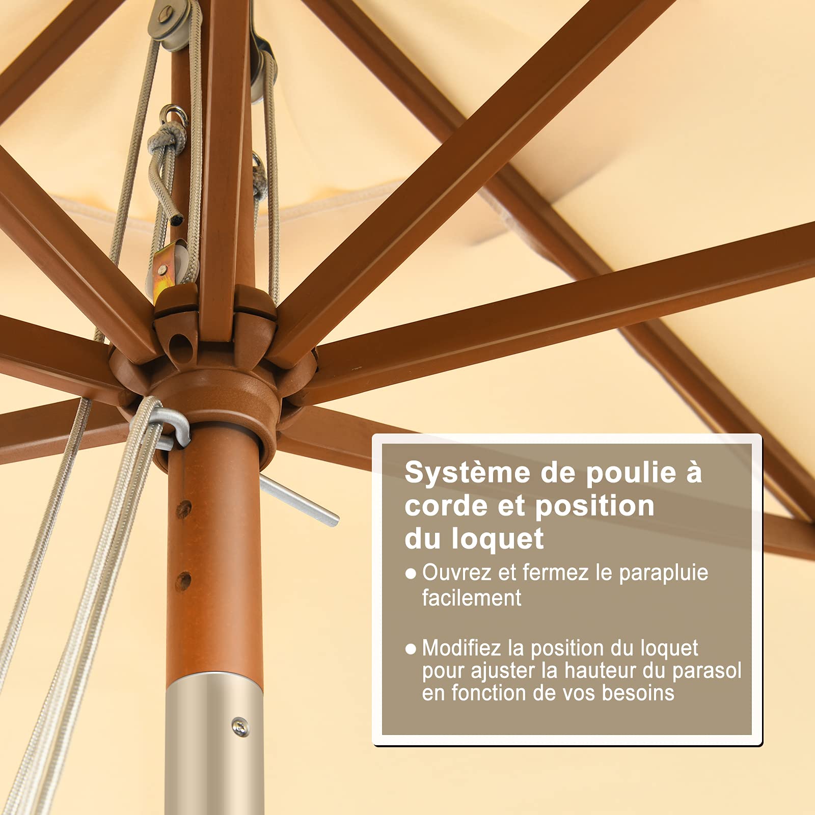 GOPLUS Parasol de Jardin Exterieur 3M, Parasol Inclinable à Corde en Bois avec 8 Baleines en Bambou, Levage par Poulie, Protection Solaire, pour Piscine, Cour, Base Non Incluse