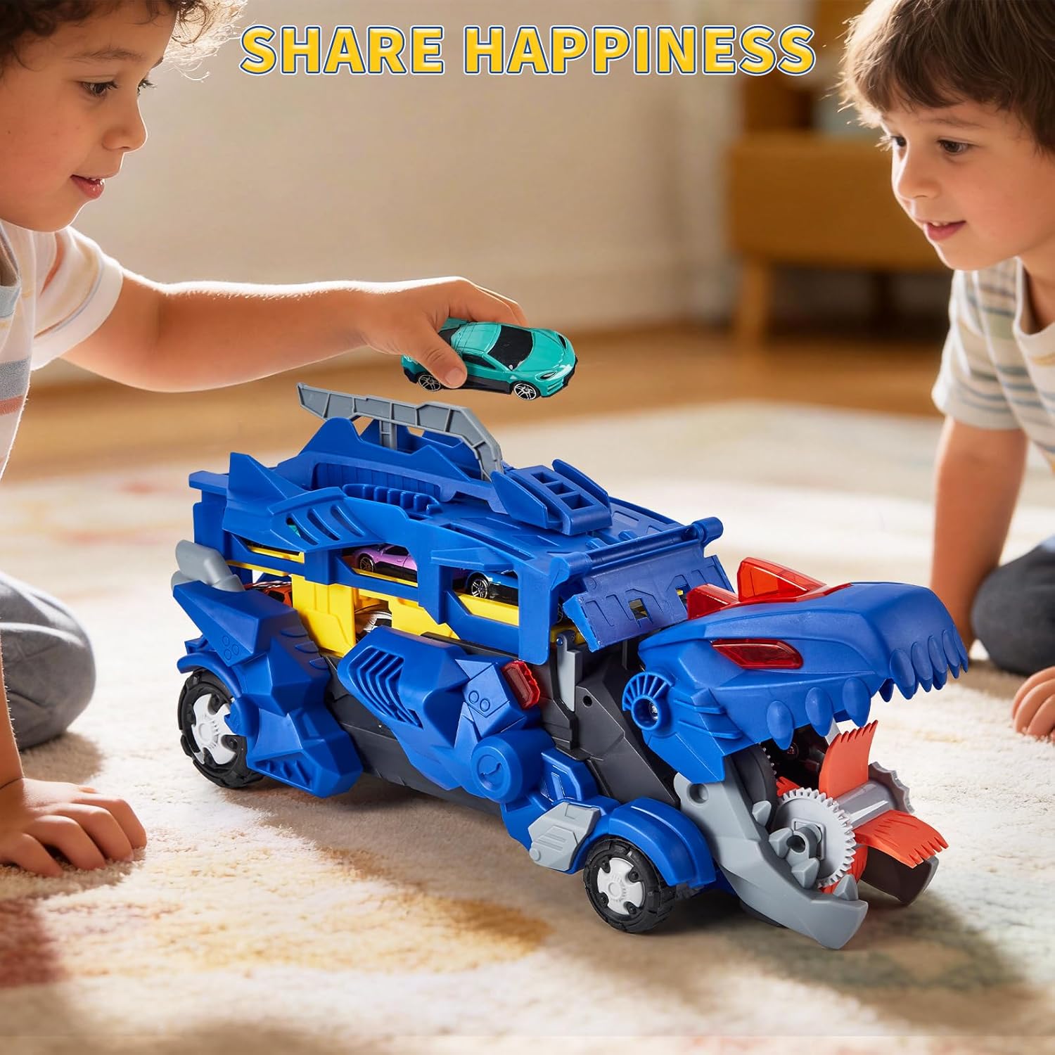 Dinosaur Carrier Truck Playset,12 Dinosaur Cars with Foldable 3-Layer Race Track, Fun Kids Toy for Toddlers & Boys/Girls Ages 3+, Great Xmas Gift Idea