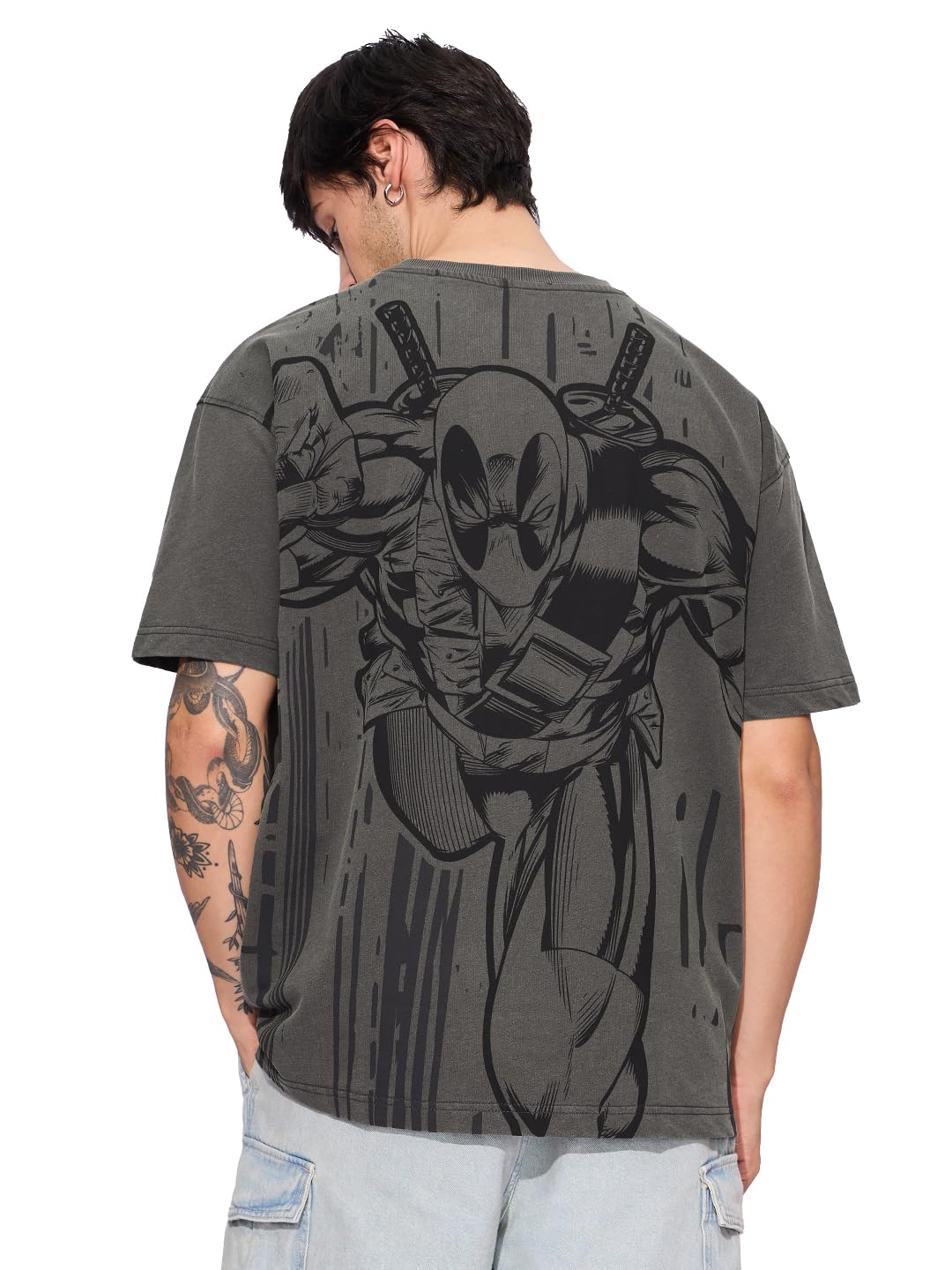 Official Deadpool: Miss Me? Men and Boys Short Sleeves Round Neck Grey Graphic Printed Cotton Oversized T-Shirts-image-46