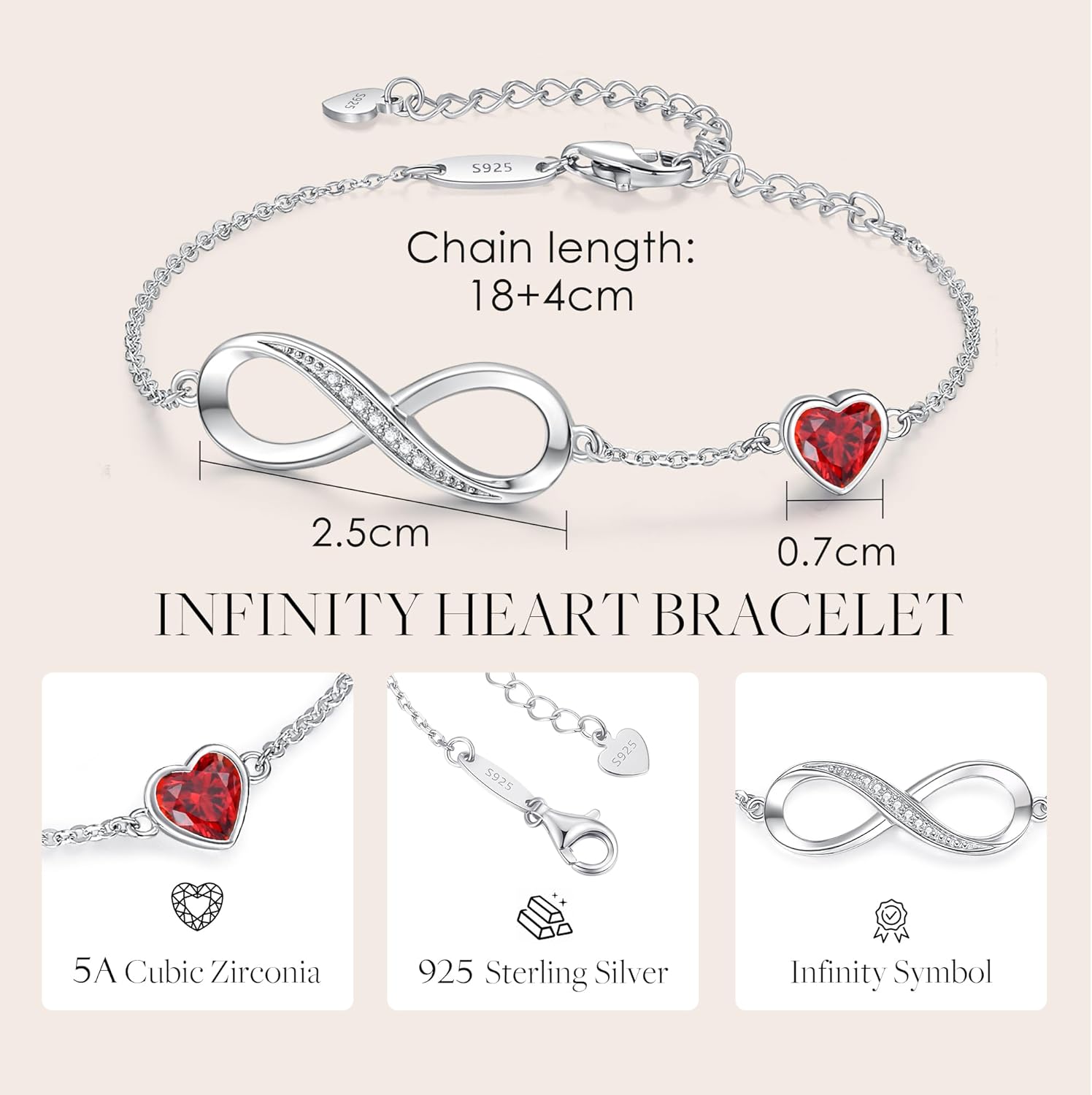 CDE Infinity Heart Birthstone Charm Link Bracelet for Women 925 Sterling Silver Adjustable Mother's Day Christmas Day Gift Anniversary Birthday Jewelry for Wife Girlfriend Her
