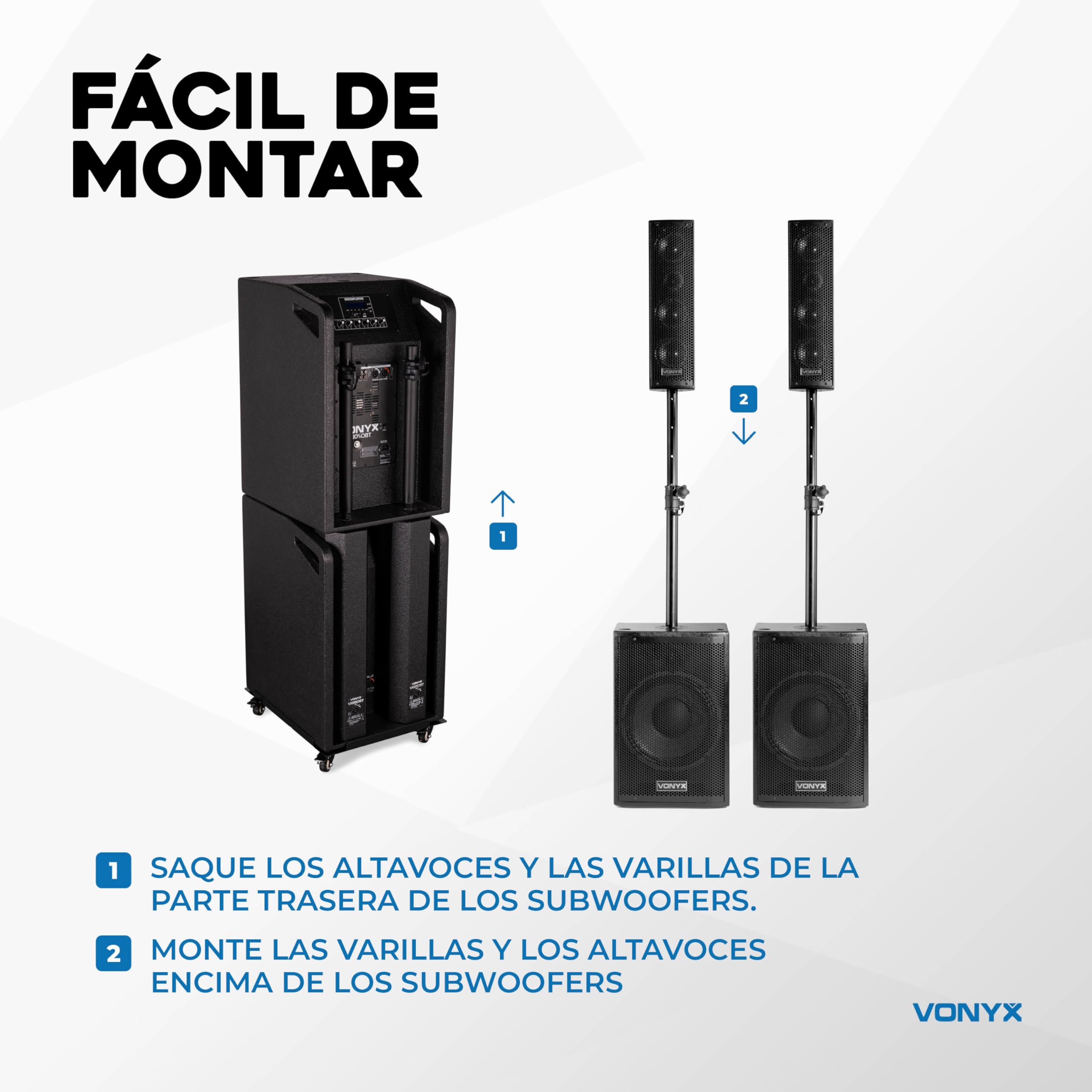 Vonyx VX1050BT – Sistema 2.2 Activo 1150W con Bluetooth, USB, SD, Doble subwoofer 12”, Micro, Trolley, Funda y Soportes, Equipo de Sonido Profesional para Eventos, Fiestas y DJ, Color Negro