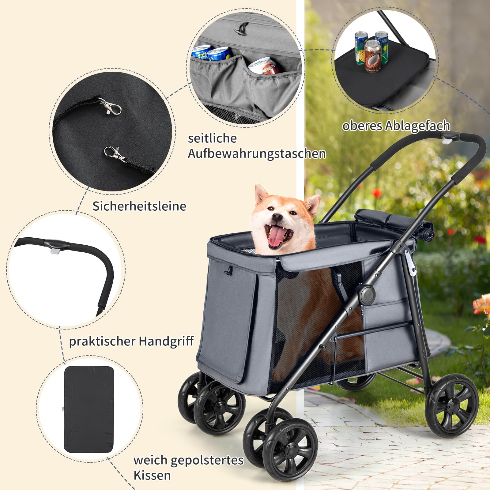 COSTWAY Hundewagen, Hundebuggy klappbar, bis 40 kg, Hundetrolley mit Kissen, Haustierwagen mit Netzfenstern & oberem Ablagefach & 2 Türen & Seitentaschen, Haustiere Buggy für Hunde Katzen (Grau)