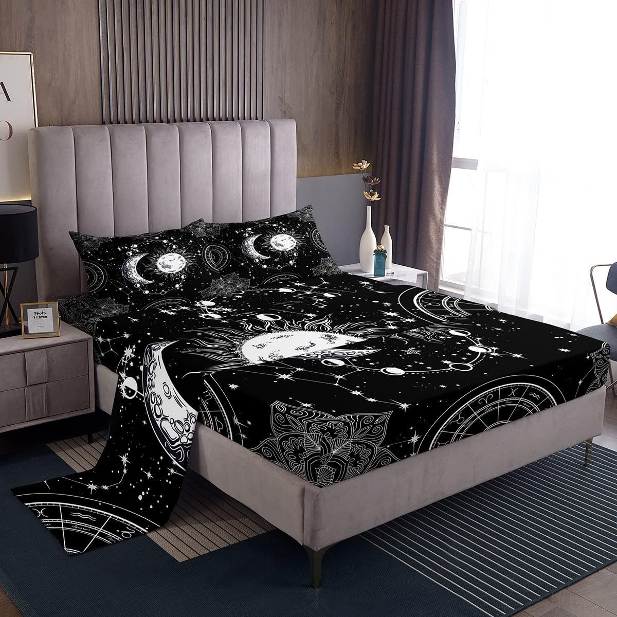 Feelyou Galaxy Sheet Set Constellation Bedding Set for Kids Boys Girls Teens Gothic Style Boho Mandala Bed Sheets Breathable Sun and Moon Bed Sheet Set Black White Room DecorBed Set Queen Si
