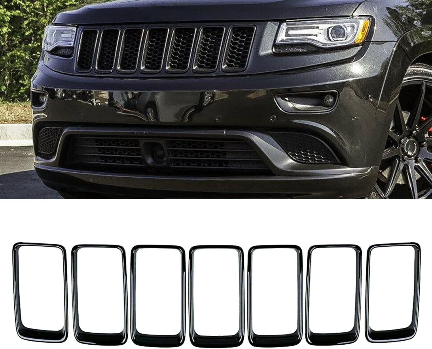 7Pcs Front Bumper Rings Grill Vent Insert Trim Cover Compatible with 2014 2015 2016 Jeep Grand Cherokee Gloss Black