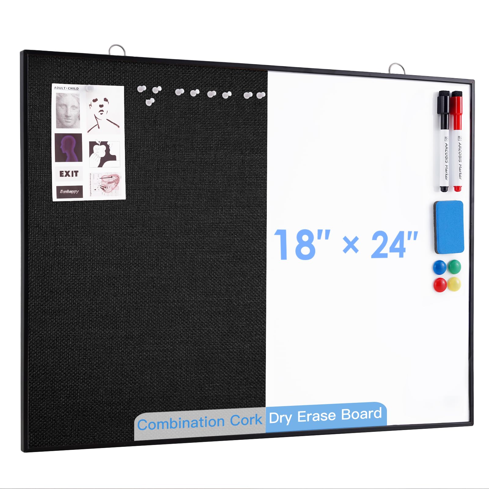 ARCOBIS Cork Board White Board Combo, 24"X18" Linen Bulletin Board Whiteboard for Wall, Double-Sided Magnetic Dry Erase Corkboard for Home, Office,