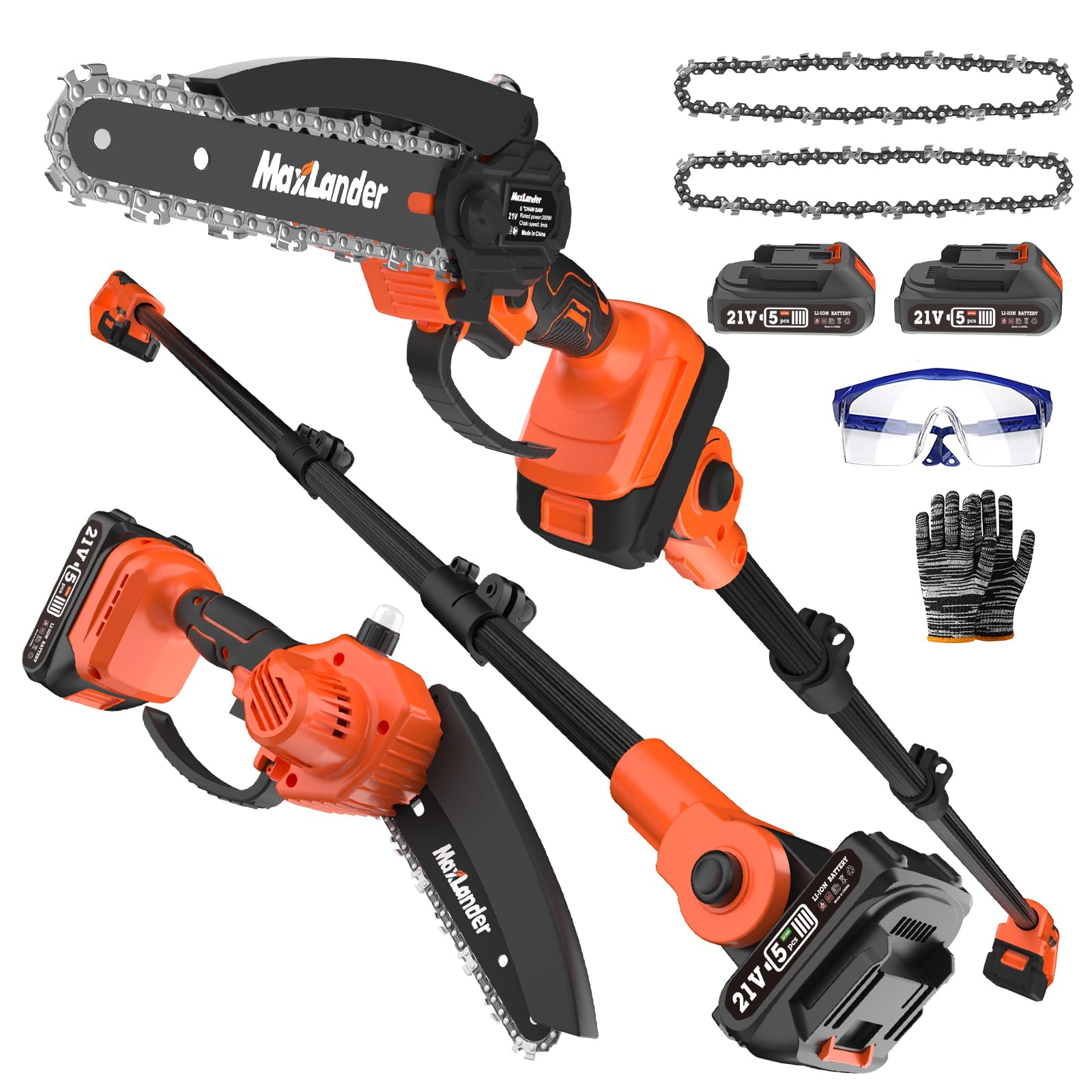 maxlander 2-in-1 cordless pole saw & mini chainsaw, 6 inch electric pole saws for tree trimming, 20v battery pole saw with 2 chains, 14ft reach pole chainsaw(2pcs battery and charger included)