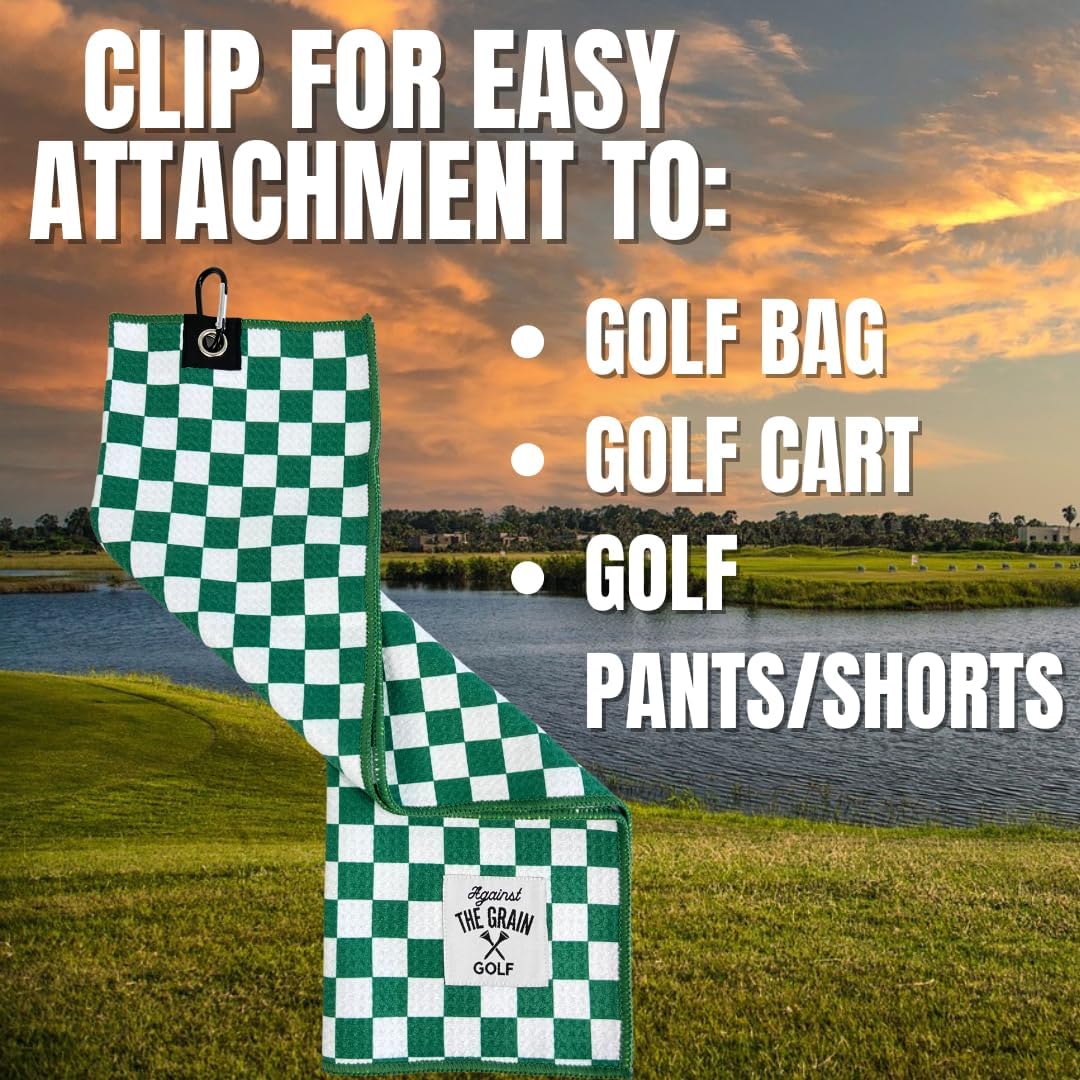 Against The Grain Microfiber Golf Towel with Clip - (12"x20") Green & White Checkered Design Golf Club Towel, Golf Towels for Golf Bags for Men & Women - Image 4