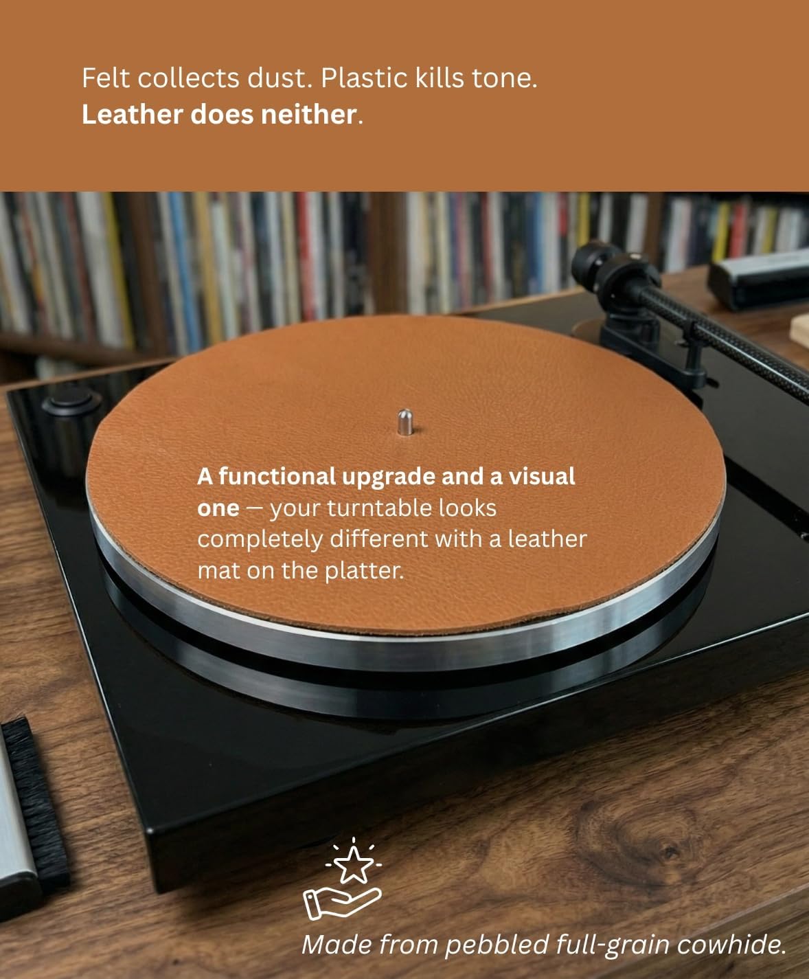 Premium Leather Turntable Slipmat — 11.5" Full-Grain Cowhide Platter Mat | Anti-Static | Dual-Sided Grain & Suede | Fits Audio-Technica, Pro-Ject, Rega & More (Cognac)