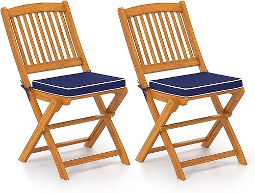 HAPPYGRILL Juego de 2 sillas plegables para exteriores, sillas de respaldo alto de madera de acacia con cojines de asiento, silla de comedor