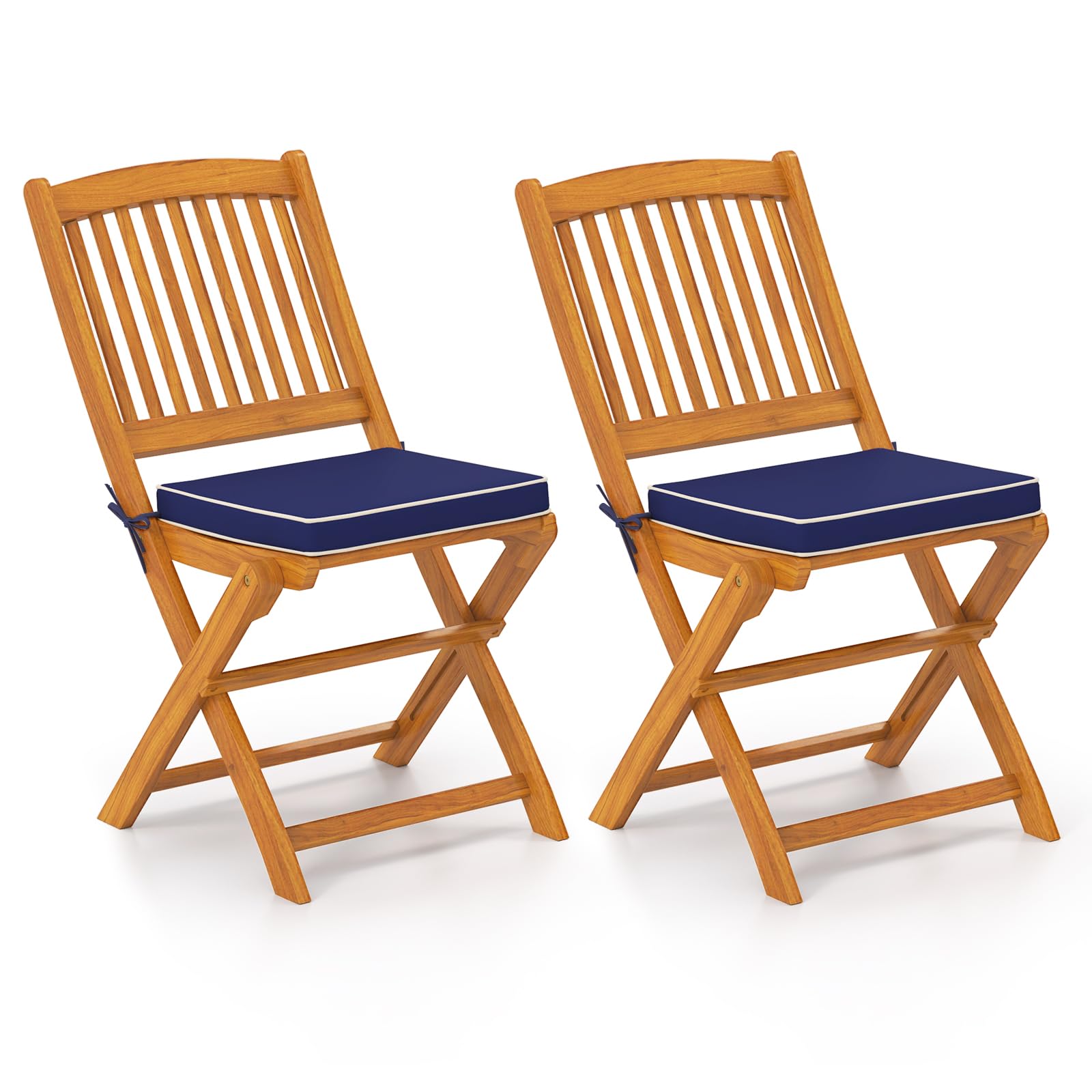 HAPPYGRILL Outdoor Folding Chairs Set of 2, Acacia Wood High-Back Chair w/Seat Cushions, Portable & Lightweight Patio Dining Chair w/Slatted Seat for