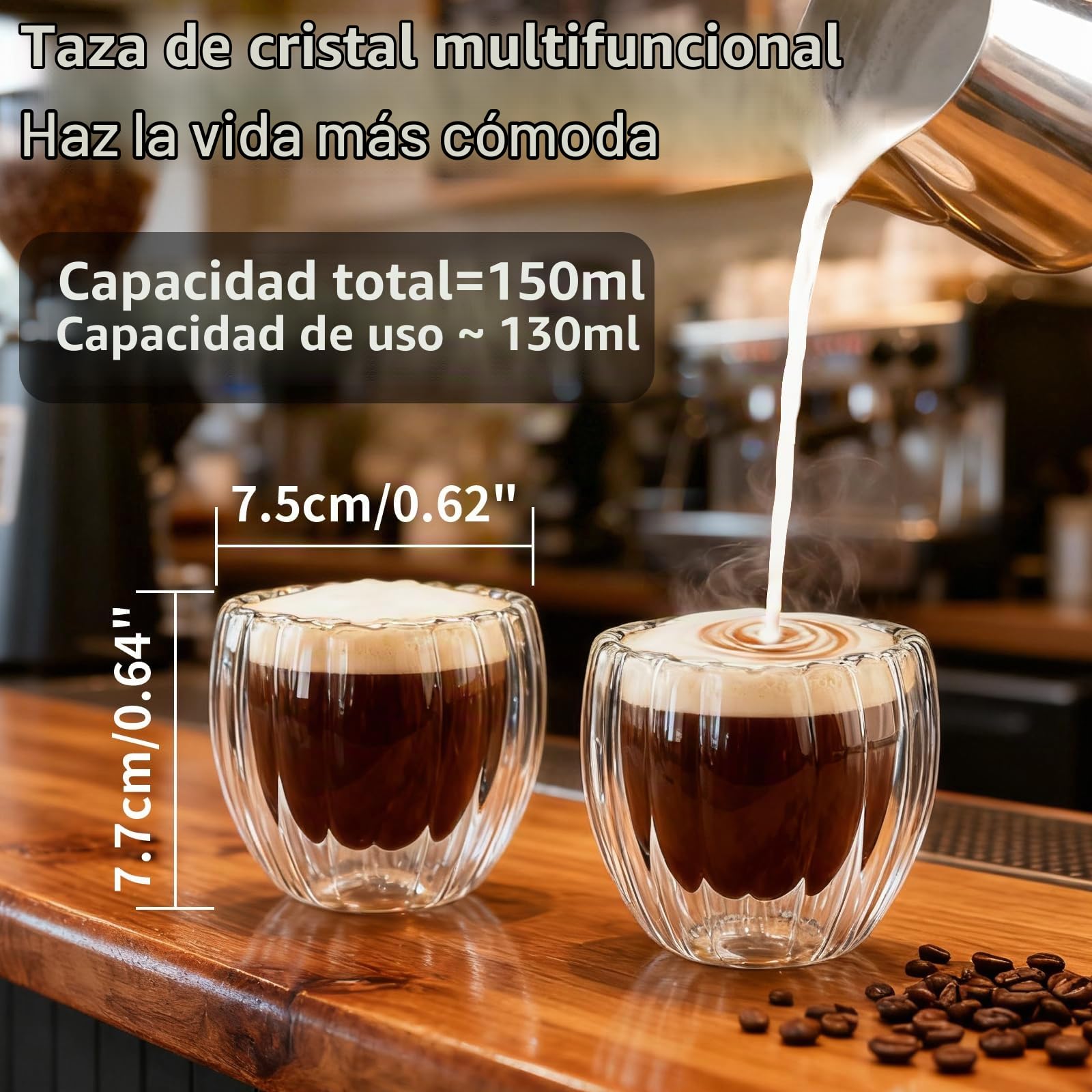 Conjunto De 6 Tazas de Café de Cristal, 150 ml Vaso Cafe de Doble Pared, Juego de Tazas de Cafe es Adecuado para Hacer Capuchino, Café con Leche de Matcha, Té de Frutas, Vino Tinto