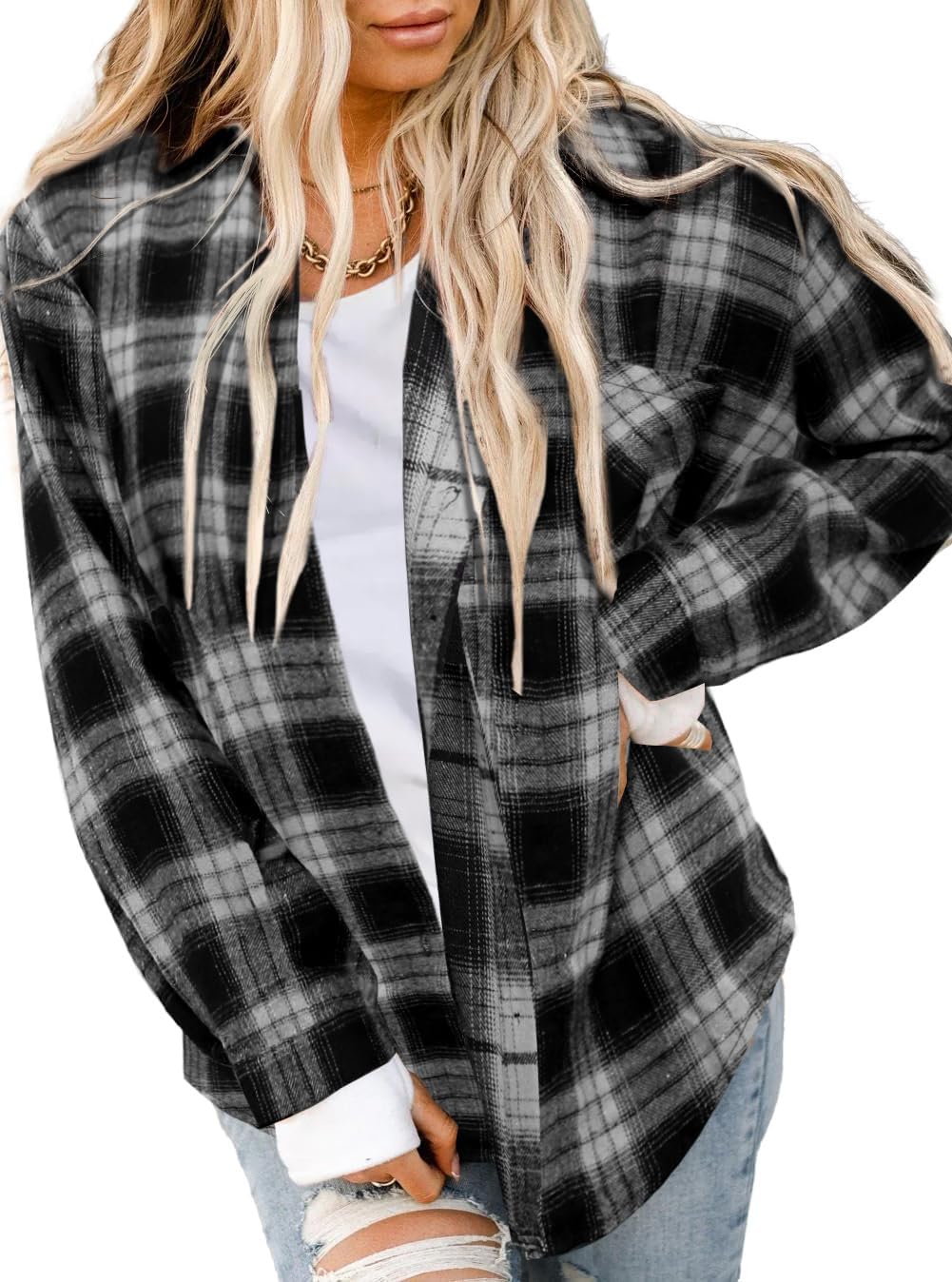 Asiertiy Womens Buffalo Plaid Flannel Shirt Button Down Blouses Tops XS-4XL | Flannel Plaid Long Sleeve Shirt, Lightweight Blouse, Business Casual Outfits, 2026 Fashion Fall Western Shackets Jacket