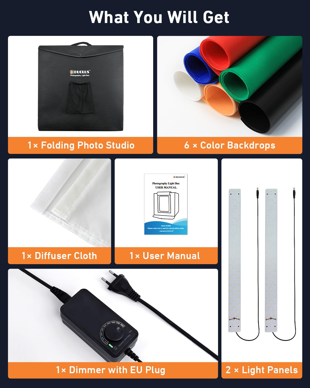 DUCLUS Caja de Luz 60x60 cm, Caja Fotográfica Portátil con Luz Ajustable y Barras LED Móviles de 5500K, 6 Fondos para Fotografía de Productos
