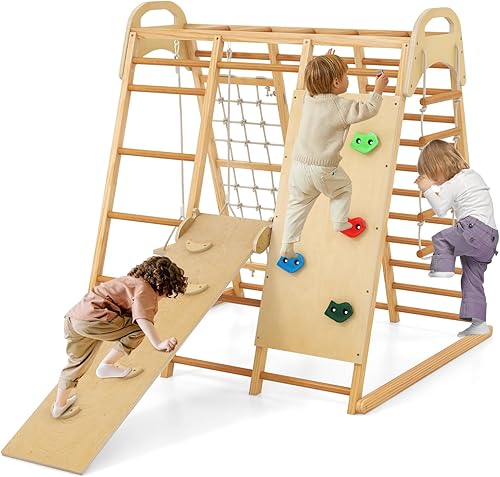 Miniatura 10 de INFANS Gimnasio de la selva para interiores, juego de escalada para interiores Montessori de 8 en 1 para niños, juego de madera para escaladores