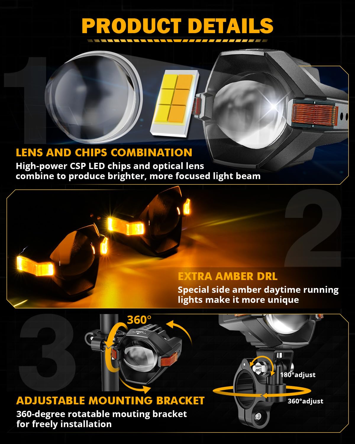 Auxbeam Luces Antiniebla LED para Motocicleta Luces Auxiliares Luz de Conducción Reflectores 8 Modos Blanco/Ámbar Color Dual Estroboscópico Switchback 3 Pulgadas 60W Luz de Trabajo LED Todoterreno