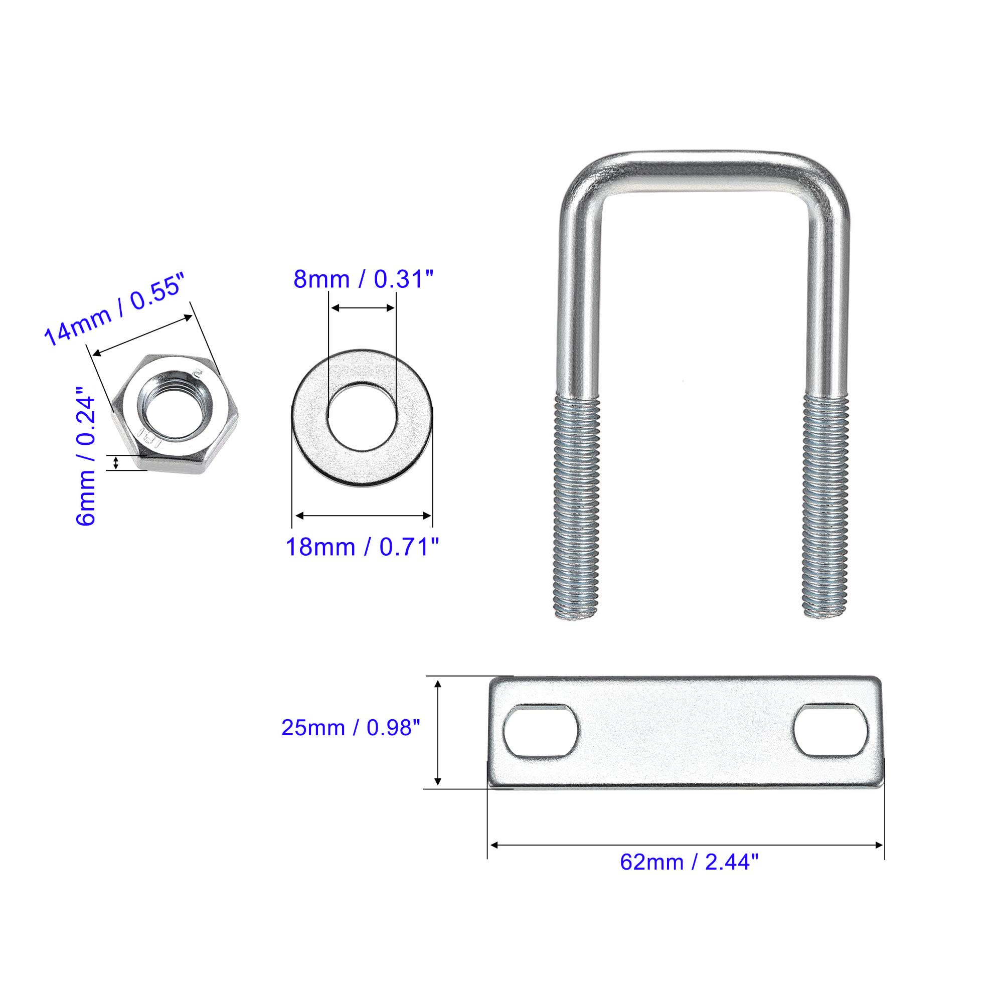 MACHSWON Square U-Bolt,4 Set Carton Steel M8 U Bolts 25mm(1") Inner Width 70mm Length with Nuts and Frame Plate for Automobiles Boat Trailer - Image 3