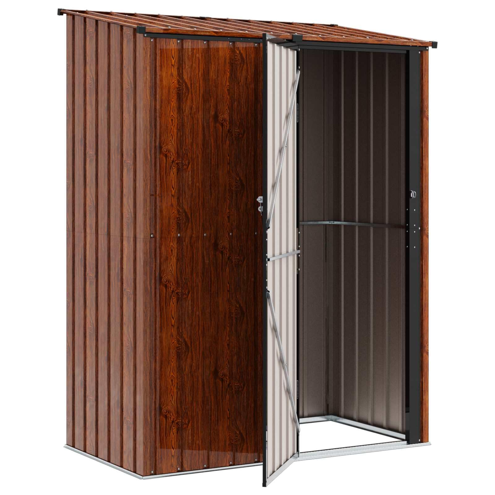Domek ogrodowy, metalowy, brązowy, 153,5 x 86 x 200 cm, odporny na warunki atmosferyczne, zamykany, z drzwiami i regałem, do ogrodu, na taras, balkon, do przechowywania, schowek na narzędzia