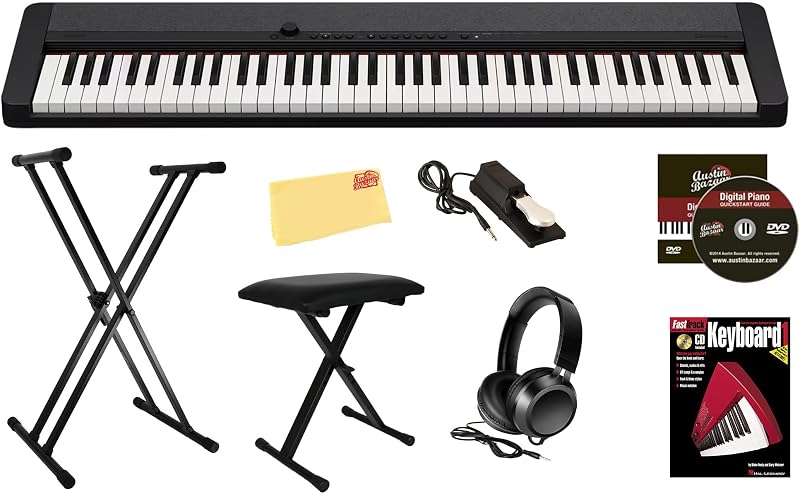 Casiotone CT-S1 Teclado portátil de 76 teclas - Paquete negro con soporte ajustable, banco, pedal de sostenido, auriculares, libro de piano, DVD instructivo y paño de pulido Austin Bazaar