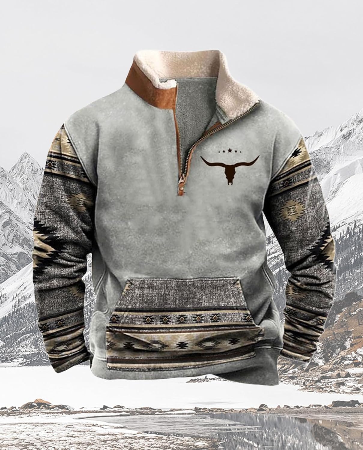 Western Sweatshirts for Men Aztec Cowboy Vintage Graphic Fleece Hoodie Mens Quarter Zip Pullover Country Jacket - Image 4