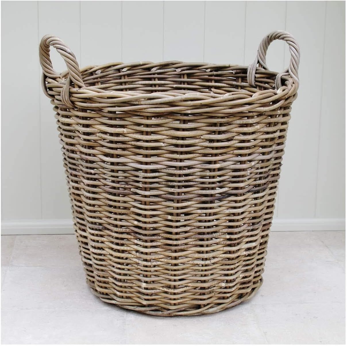 Large Wicker Log Basket Round With Handles Grey & Buff Rattan Amazon