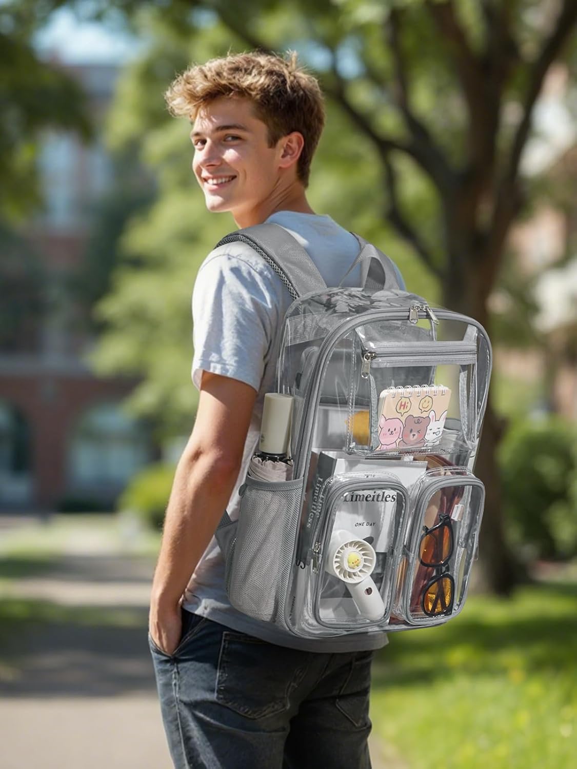 Large Clear Backpack Heavy Duty for Women Men Boys Girls, Clear Bookbag for School, 17 Inch Transparent Backpack with Accessories for Work Casual Sport, grey