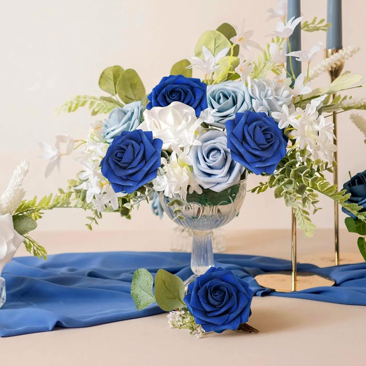 N&T NIETING Artificial Flowers Navy Blue Roses 25Pcs Fake Flowers Foam Roses with Stems for DIY Wedding Bridesmaid Bridal Bouquets Mother's Day Centerpieces Party Home Decoration Baby Shower - Image 2