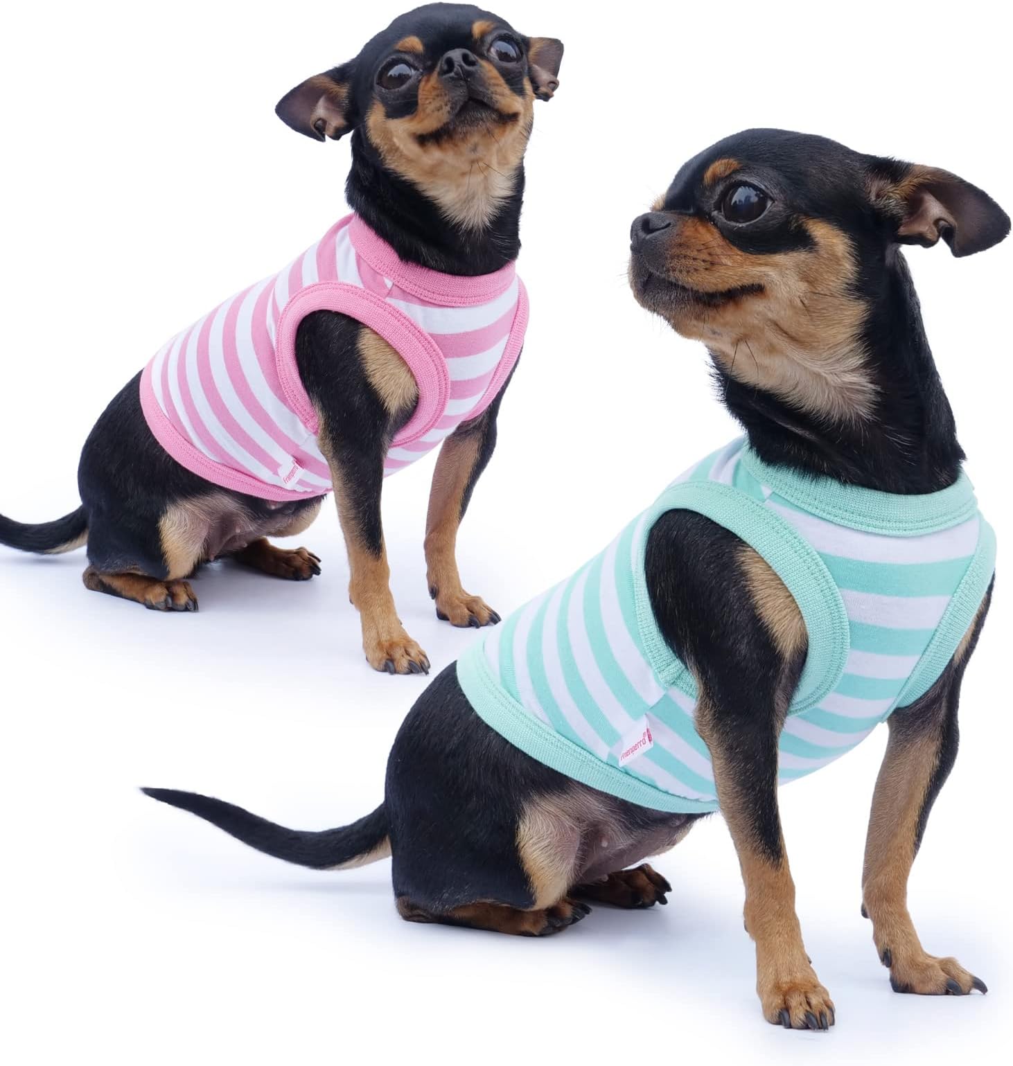 Frienperro Dog Shirt, Dog Clothes for Small Dogs Girl Boy, 2-Pack Breathable Cotton Striped French Bulldog Clothes, Sleeveless Pug Clothes Puppy Outfit Tank Top Vest,Green & Pink XL