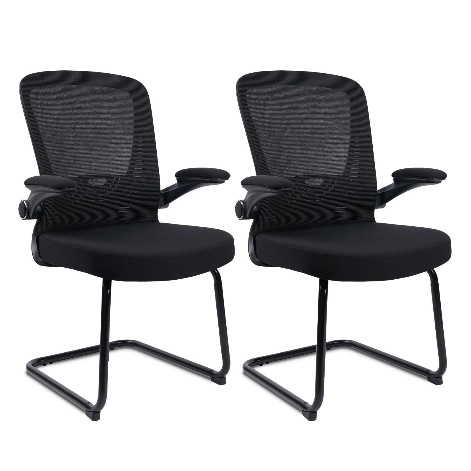 CLATINA Office Guest Chair no Wheels with Lumbar Support and Flip-up Armrest Mid Back Mesh Space Air Grid Series Sled Base for Reception Conference Room Black Set of 2