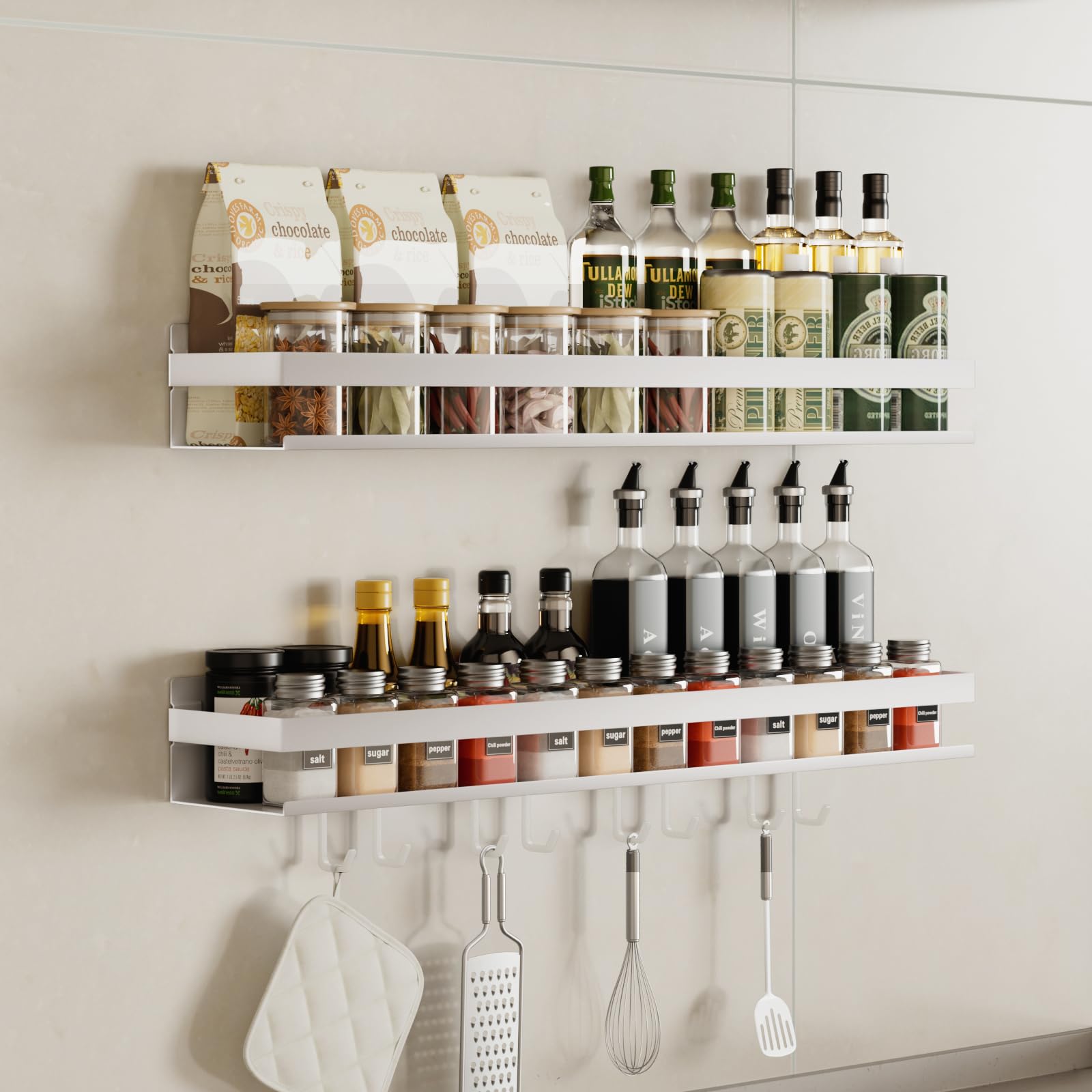 devesanter spice rack wall, 2 pack no drilling required with 8 hooks, hanging spice rack on cupboard door, for organizing spice jars, kitchen cupboard, pantry door, shower room (white, 60 cm)
