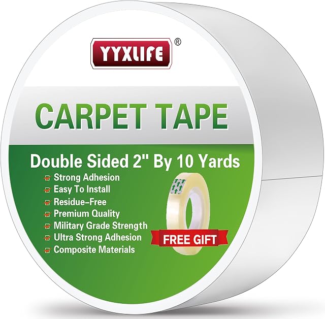 YYXLIFE Double Sided Carpet Tape for Area Rugs Carpet Adhesive Removable Multi-Purpose Rug Tape Cloth for Hardwood Floors,Outdoor Rugs,Carpets Heavy Duty Sticky Tape,2Inch x 10 Yards,White