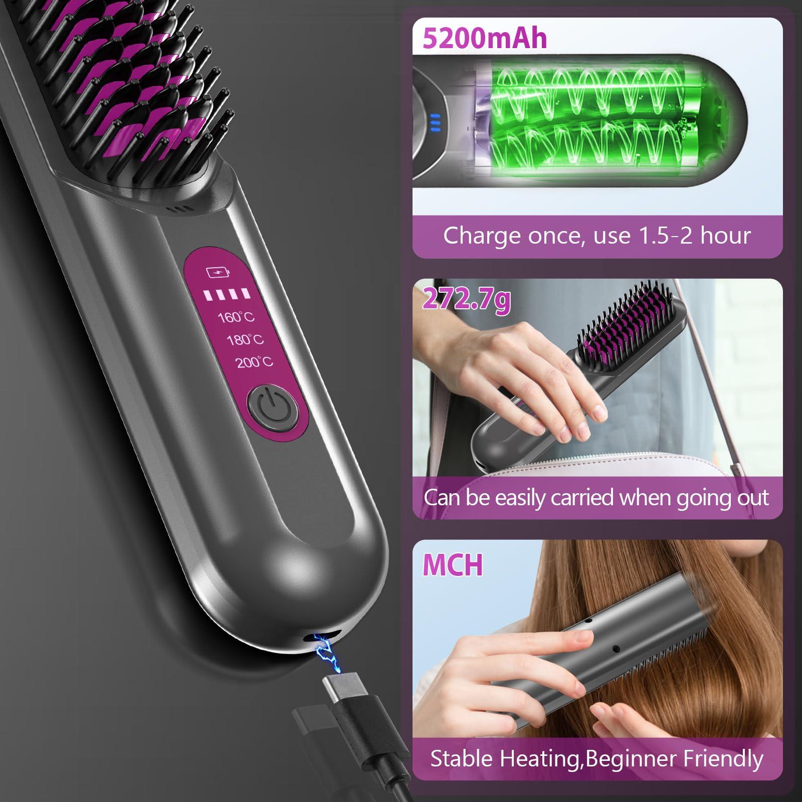 Spazzola Lisciante per Capelli Senza Fili, Spazzola Elettrica Lisciante | Unipampa Mini Piastra Capelli Portatile 5000mAh, Riscaldamento Rapido e Ricarica 160–200 ℃, 3 Livelli di Temperatura