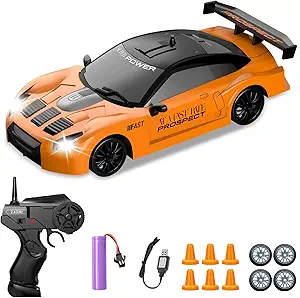RC Drift Car 1/24 2.4GHz Remote Control Car 4WD High Speed Drifting RC Cars with LED Light and Drift Tires Racing Toy Cars for Boys Girls Kids Adults (Orange)