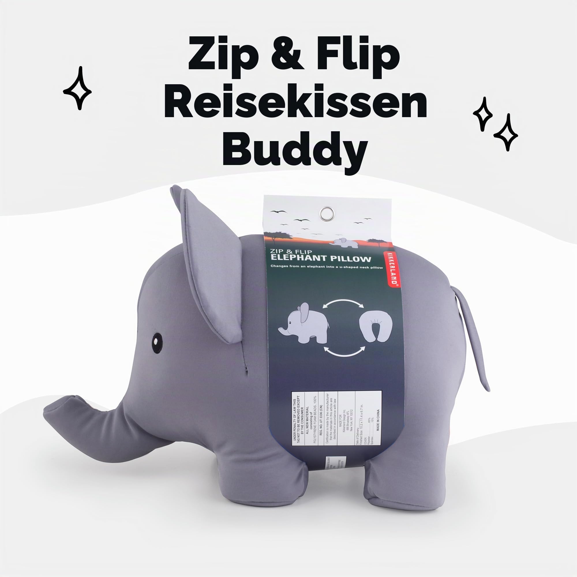Zip & Flip Nackenkissen ELEFANT von Kikkerland Kuscheltier Kinder-Kissen Reise