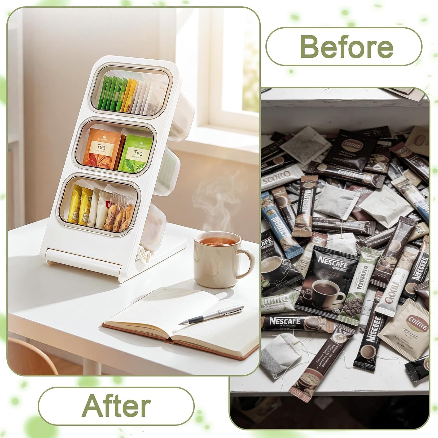Foldable Coffee Pod Holder, Tea Bag Organiser, 3-Tier Coffee Capsule Sugar Storage Container, Kitchen Organiser, Large Capacity Teabag Shelf with Transparent Drawers for Cabinet Countertop