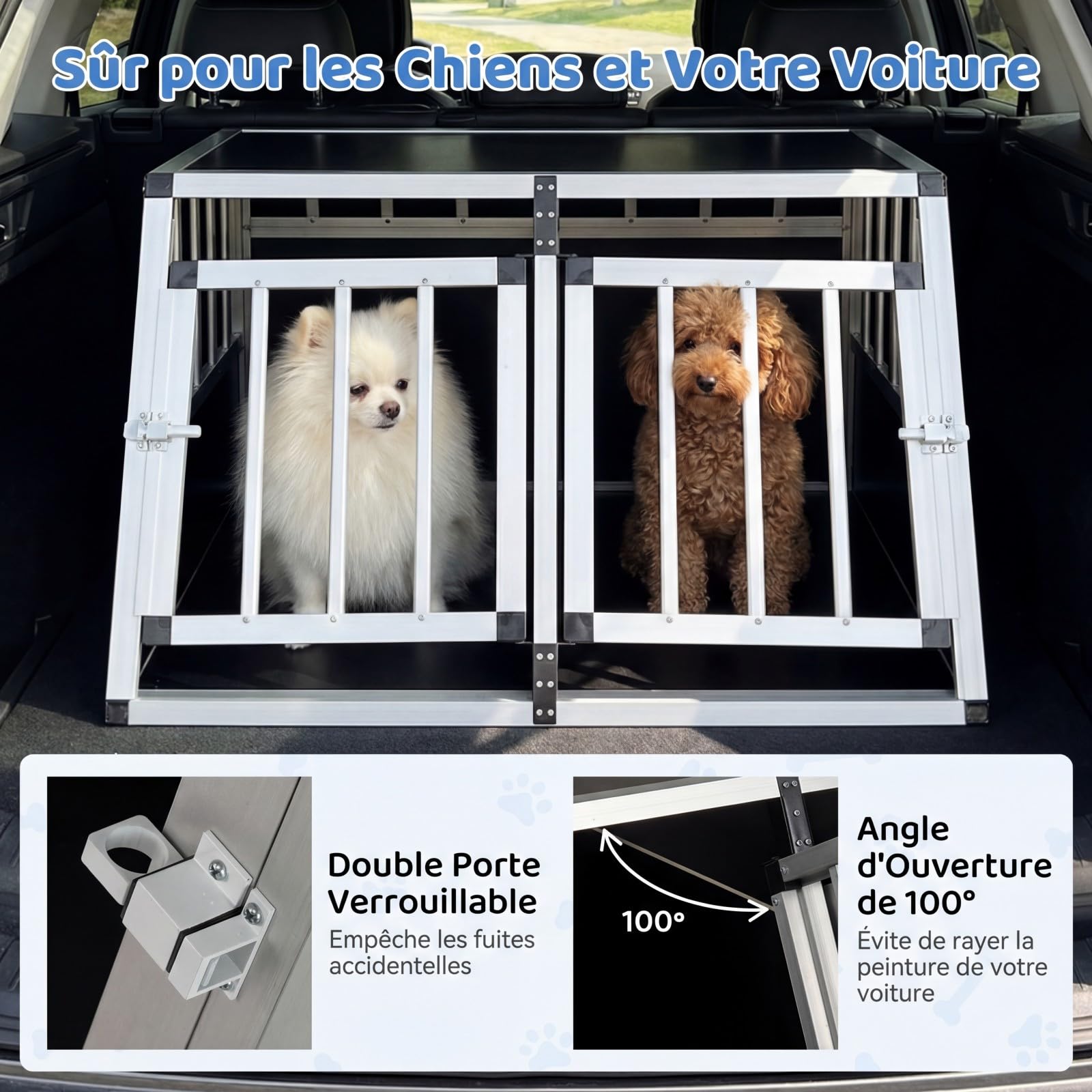 COSTWAY Caisse de Transport pour Chien en Aluminium, Séparateur Amovible, Portes Verrouillable, Cage pour Chien Chat, Design Trapézoïdal, Coins de Protection pour Chiot Chat Lapin, 89 x 69 x 50,5 cm