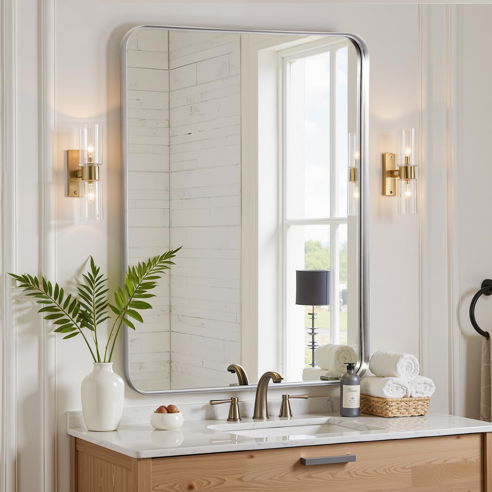 LunaMirror Wall Mirror 60x90 CM Wall-Mounted Bathroom Vanity Mirror Silver Shadow Box Frame Home Decor Rectangle Hanging with Curved Corners for Hallway Entrance Living Room Bedroom