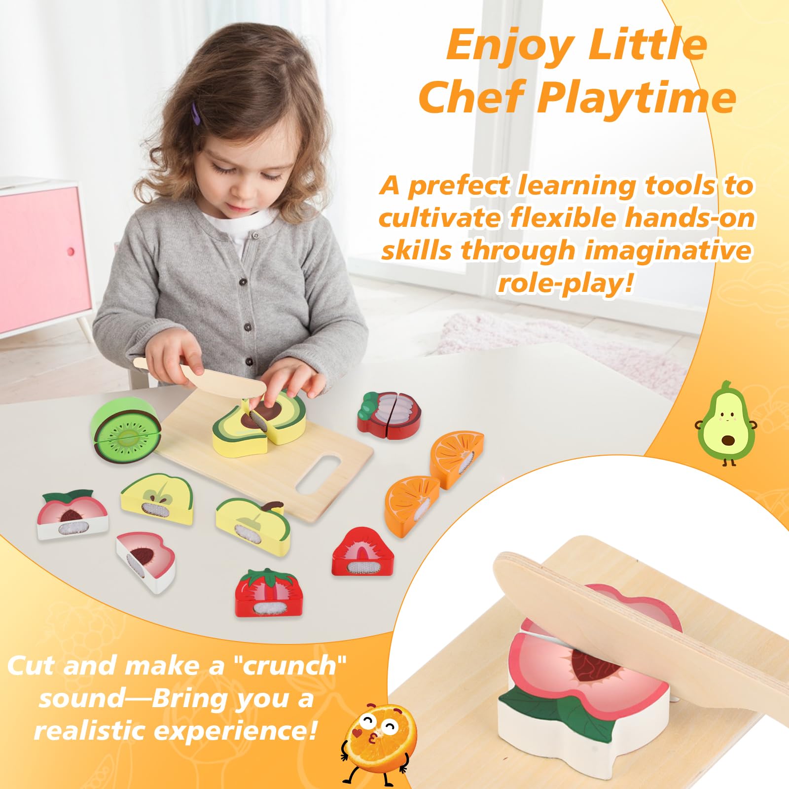 Dînette En Bois Pour Enfant – Fruits à Couper Avec Velcro – Couteau, Planche Et Pochette – Jouet Éducatif Dès 2-3 Ans – Sans Écran