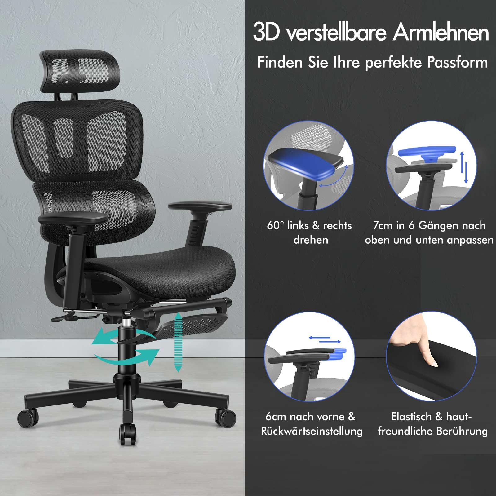 ALFORDSON Bürostuhl Mesh Chefsessel Ergonomischer Schreibtischstuhl, verstellbare Kopfstütze Höhenverstellung, hoher Rückenlehne Netzstuhl Verstellbarer Armlehne,Besprechungsstuhl, bis 180 kg,Schwarz
