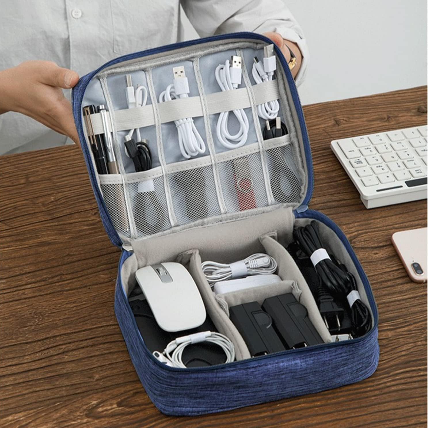 UCRAVO Custodia impermeabile per accessori elettronici a triplo strato, organizer universale per cavi, custodia organizer da viaggio con manico, borsa per il trasporto elettronico per cavo, Flash
