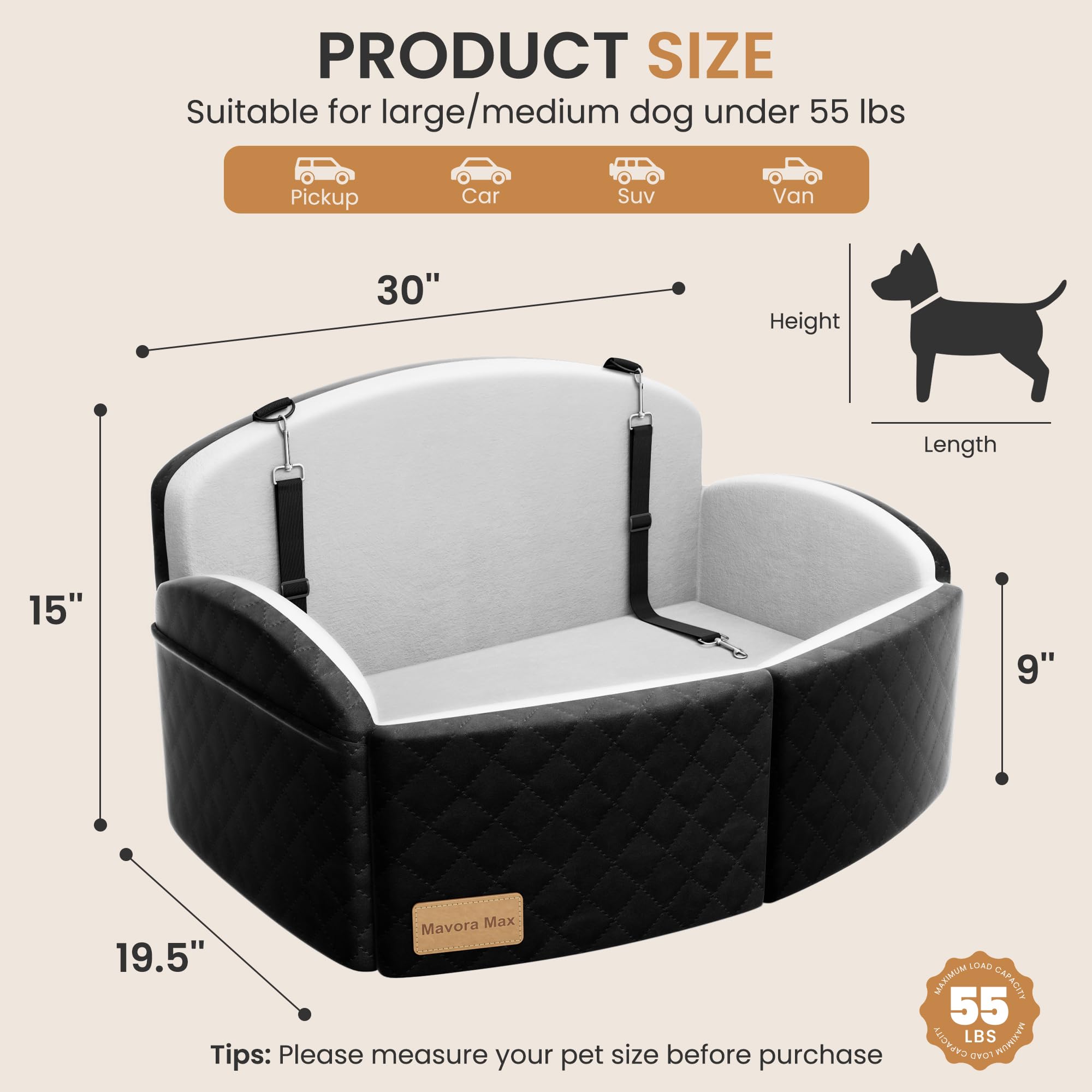 Dog Car Seat for Medium/Large Dogs, Memory Foam Dog Booster Seat with Thick Cushion up to 55 lbs or 2 Small Dogs, Travel Pet Car Seat with Detachable Washable Cover, 2 Safety Leashes (Black/Grey) - image 5