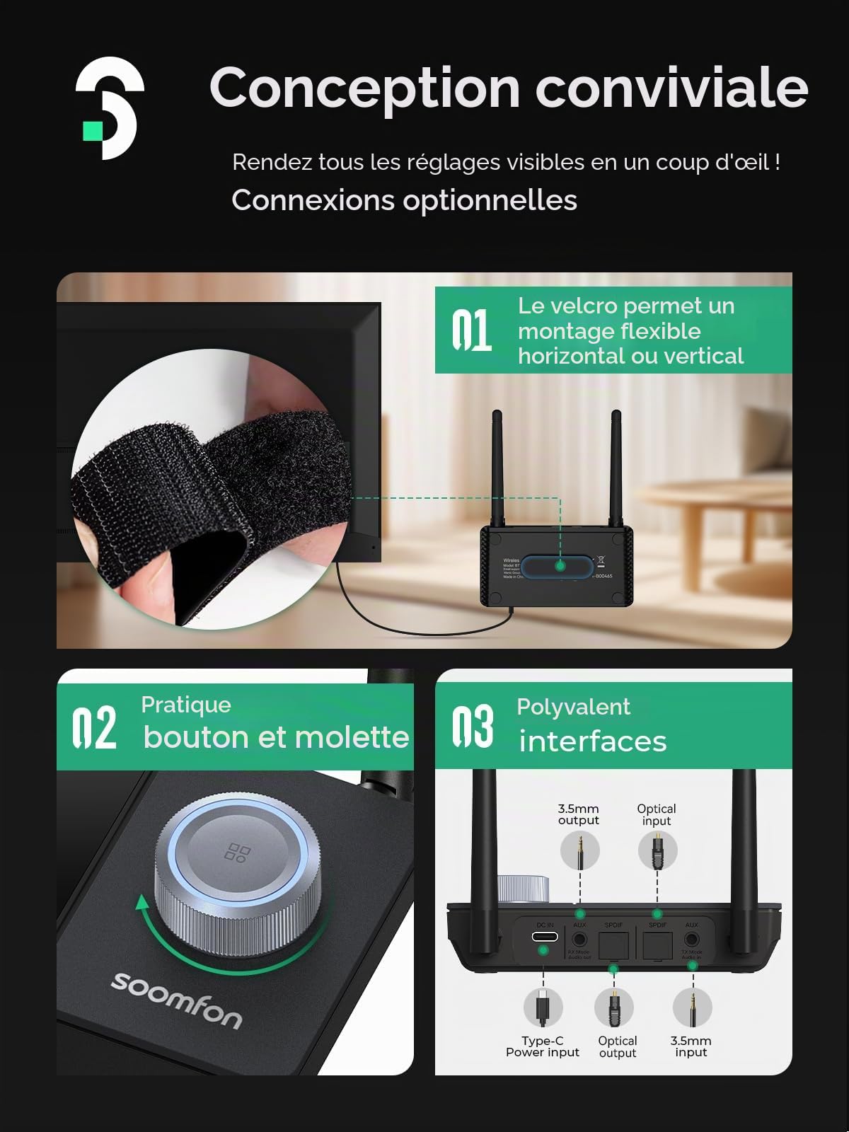 SOOMFON Emetteur Recepteur Bluetooth 5.3, 3 en 1 Adaptateur Bluetooth TV, Transmetteur Audio Bluetooth Double Connexion Longue Portée 30 m, Emetteur pour TV/Casques/Systèmes Audio etc